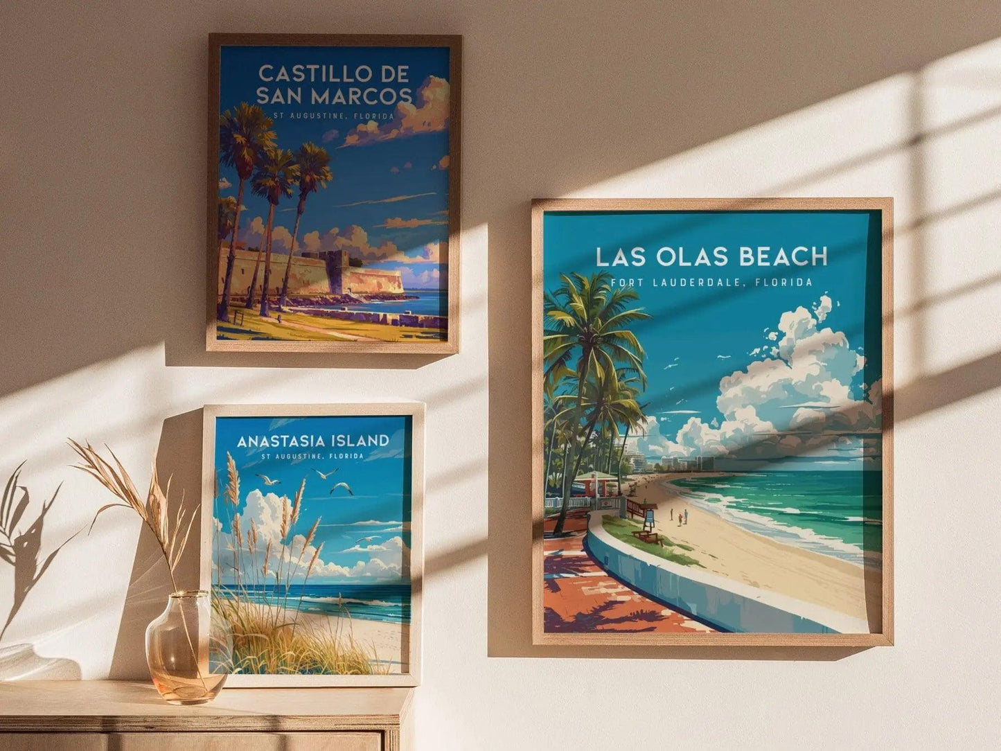 Las Olas Beach, Fort Lauderdale, Florida Framed Wall Art - Beach House Minimal Poster Design Travel Print Tropical Palm Tree Home Decor Set - Swell Scenes