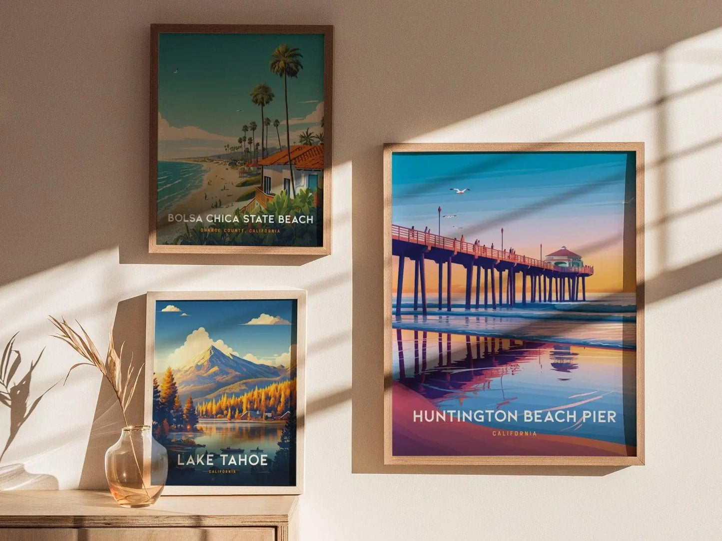 Huntington Beach California Framed Travel Poster, Huntington Beach Poster, California Pier Postcard Custom Travel Print, Birthday Gifts Art - Swell Scenes