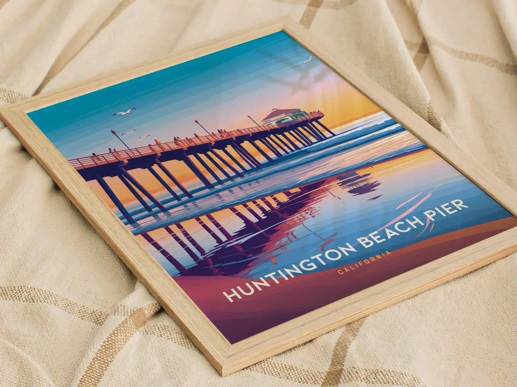Huntington Beach California Framed Travel Poster, Huntington Beach Poster, California Pier Postcard Custom Travel Print, Birthday Gifts Art - Swell Scenes