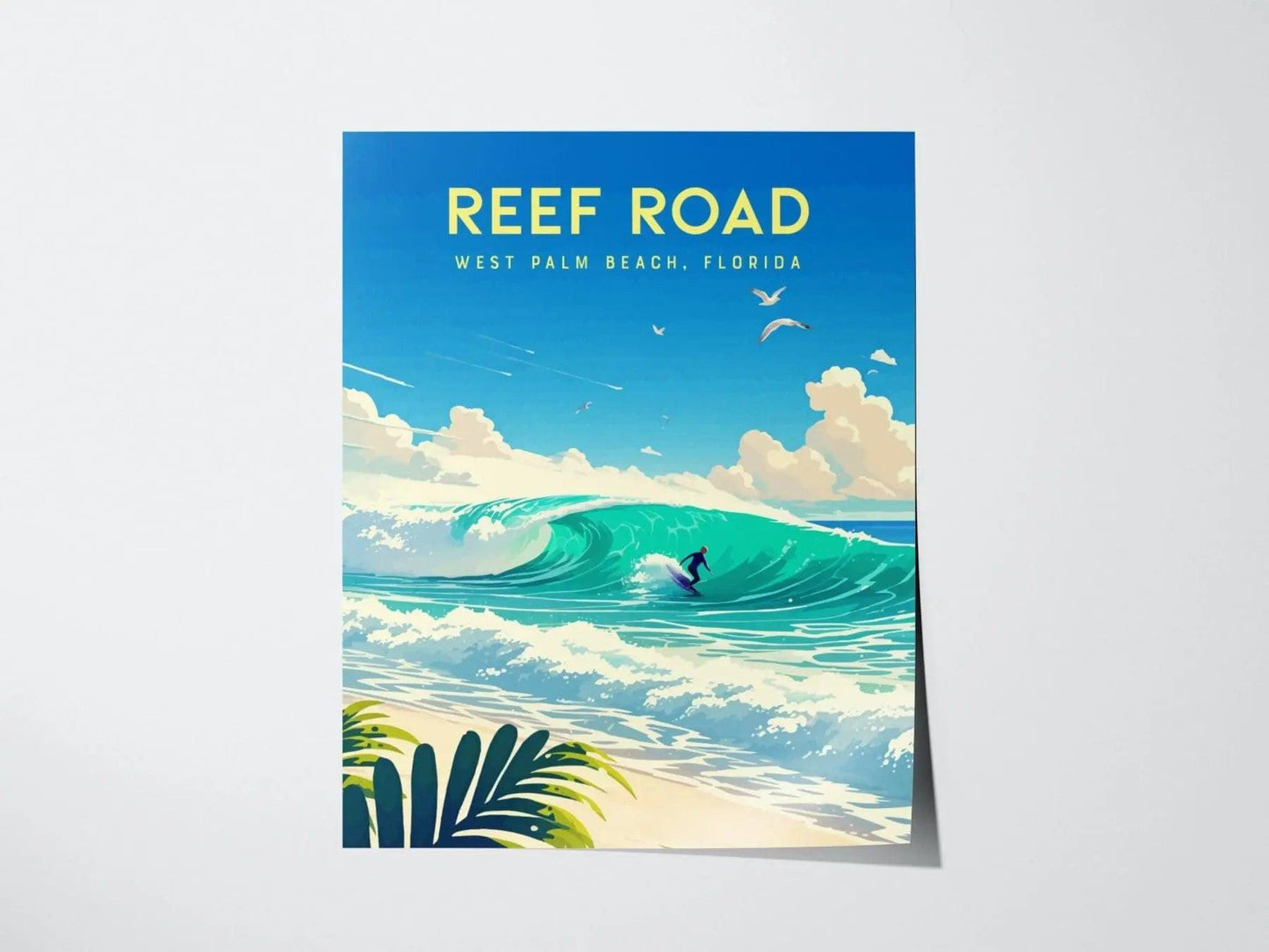 Reef Road, West Palm Beach, Florida Framed Wall Art - Surfing Wave Beach House Barrel Surf Poster Travel Print Surfer Gift Home Decor Set - Swell Scenes
