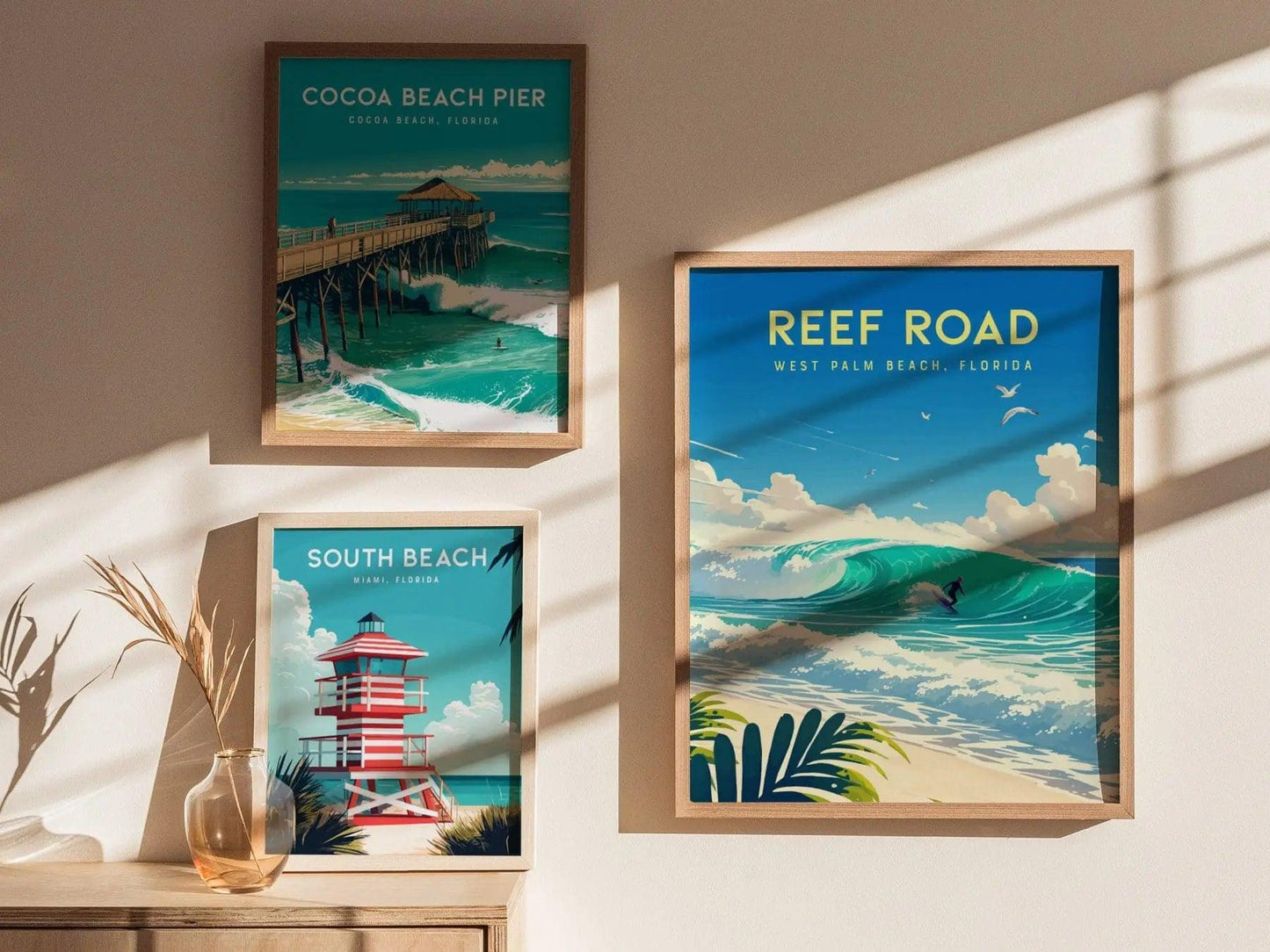 Reef Road, West Palm Beach, Florida Framed Wall Art - Surfing Wave Beach House Barrel Surf Poster Travel Print Surfer Gift Home Decor Set - Swell Scenes