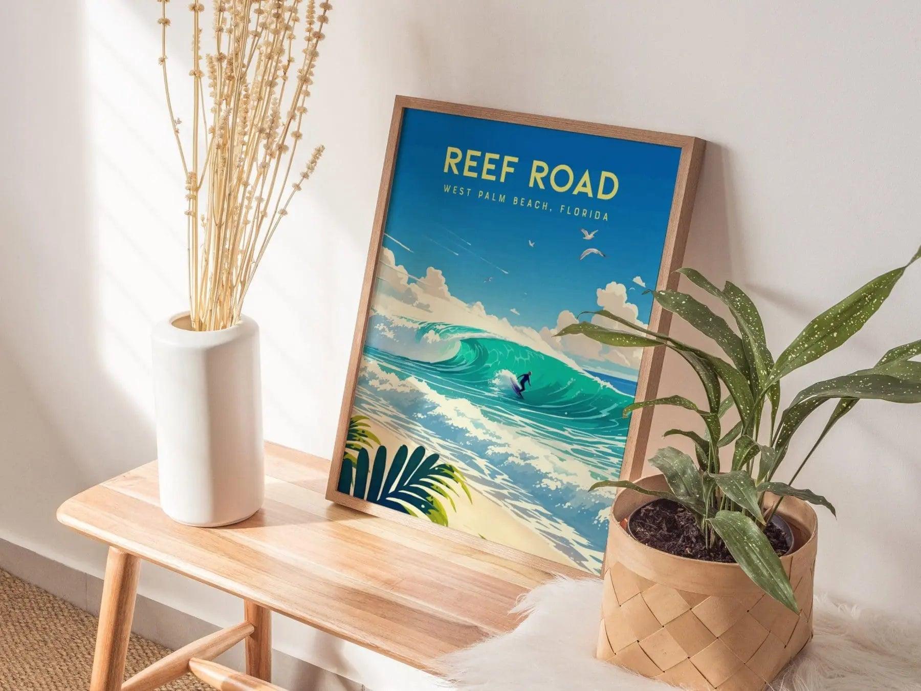 Reef Road, West Palm Beach, Florida Framed Wall Art - Surfing Wave Beach House Barrel Surf Poster Travel Print Surfer Gift Home Decor Set - Swell Scenes