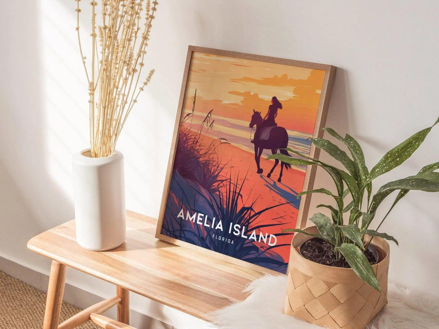 Amelia Island, Florida Framed Wall Art - Jacksonville FL Beach House Minimal Poster Design Travel Print Sea Oats Horse Riding Home Decor Set - Swell Scenes