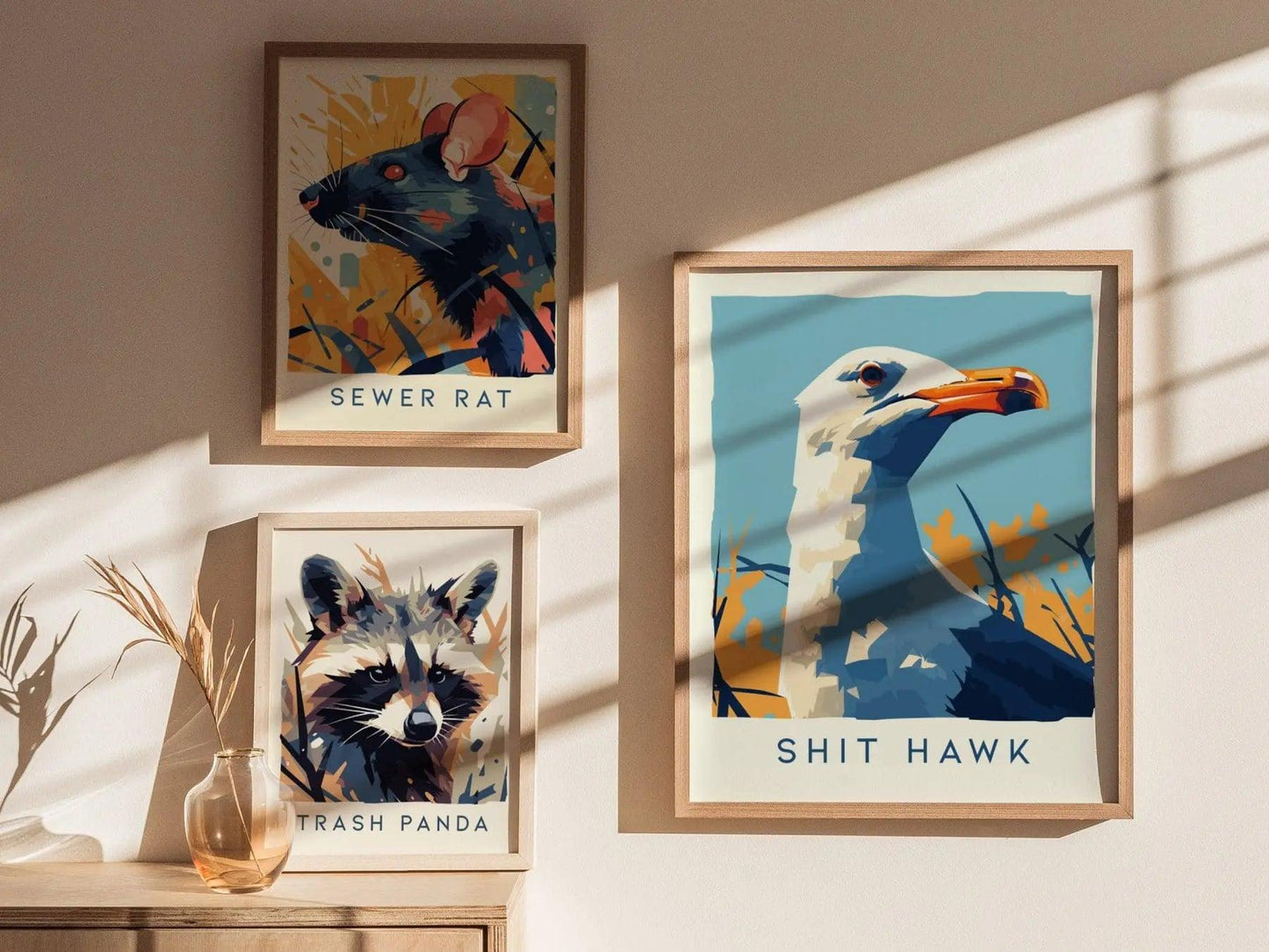 Shit Hawk, Urban Wildlife Series, Seagull Framed Wall Art - City Bird Collection Poster Design Print Funny LA NYC Statement Beach Decor Set - Swell Scenes
