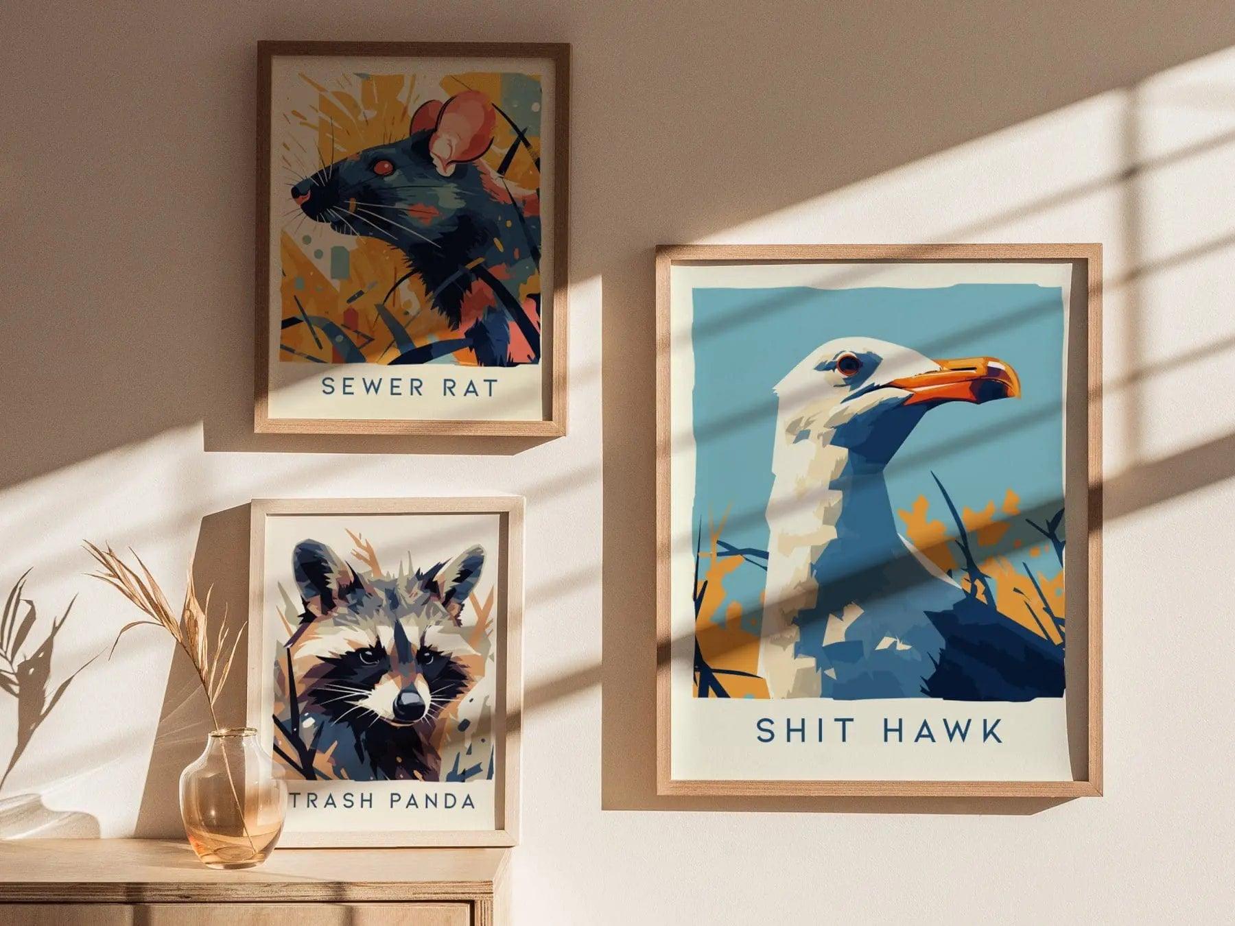Shit Hawk, Urban Wildlife Series, Seagull Framed Wall Art - City Bird Collection Poster Design Print Funny LA NYC Statement Beach Decor Set - Swell Scenes