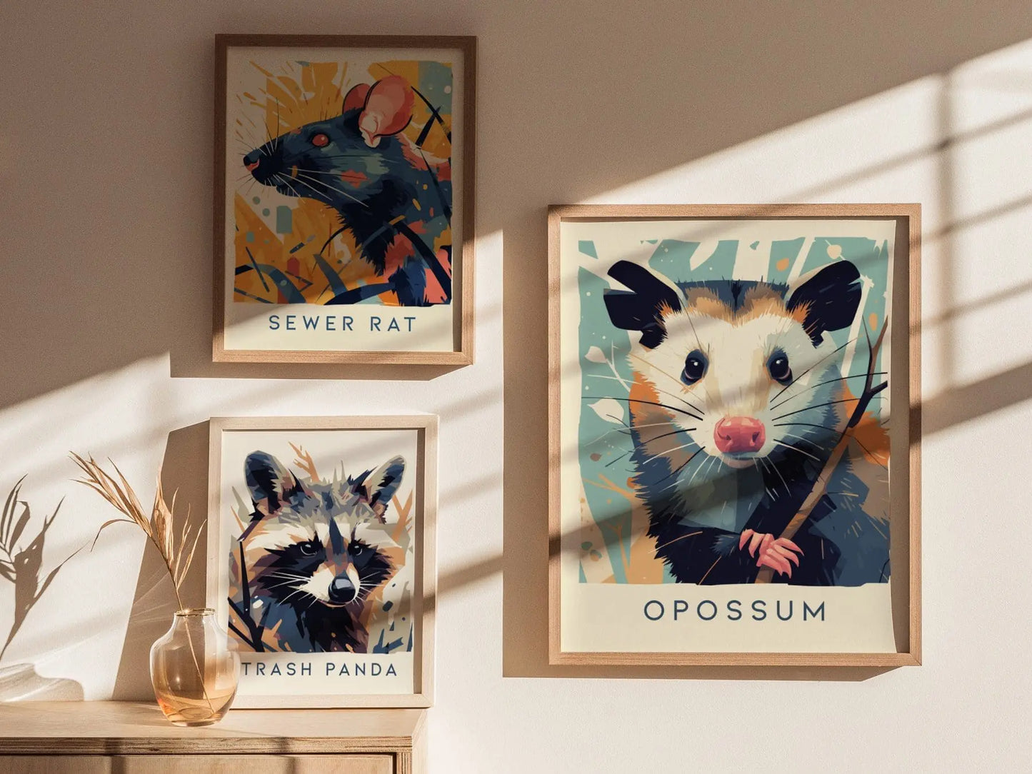 Opossum, Urban Wildlife Series, Possum Framed Wall Art - City Animal Collection Poster Design Print Funny Gift LA NYC Decor Statement Set - Swell Scenes