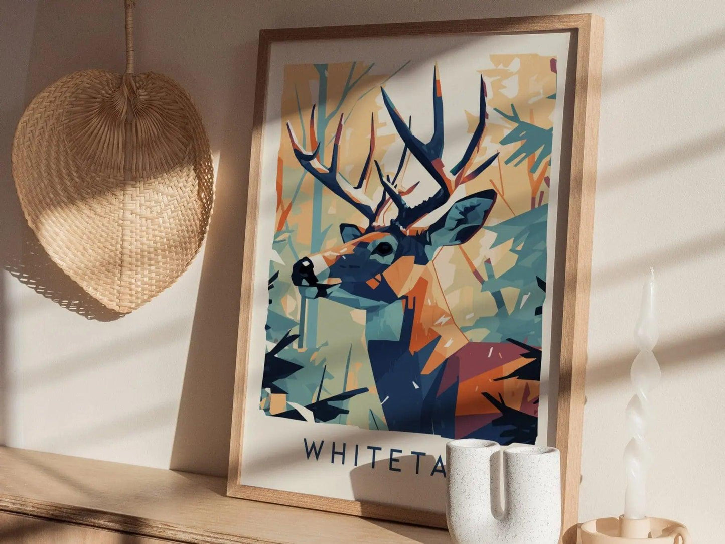 Whitetail deer buck poster featuring majestic antlers in modern minimalist wildlife hunting cabin wall art