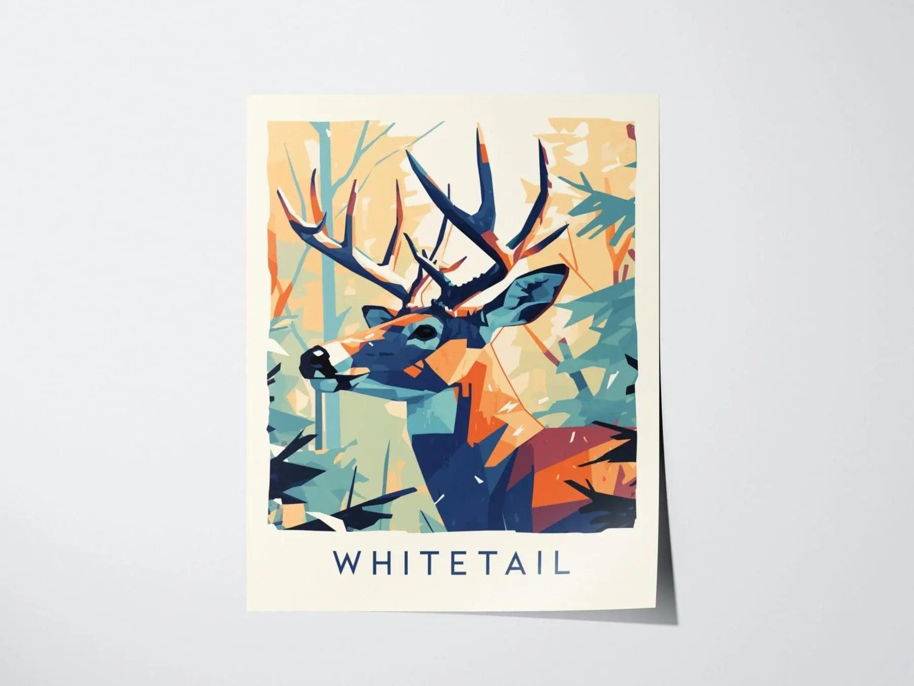 Colorful poster of a whitetail deer with abstract design on a light gray background