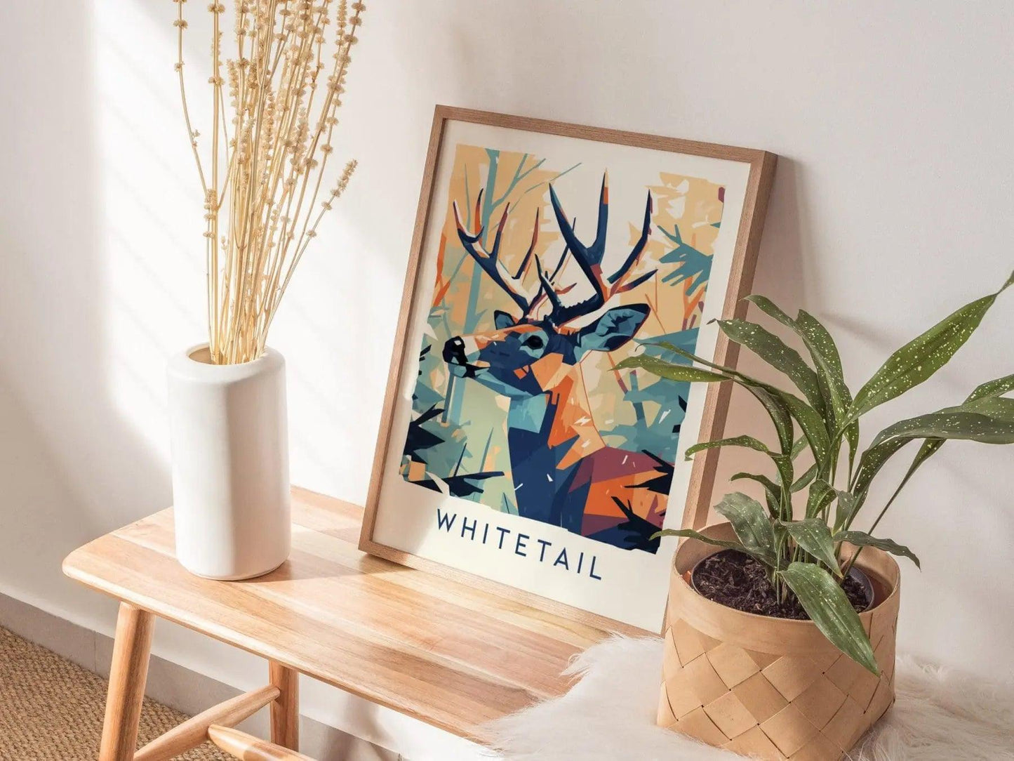 Whitetail deer buck poster featuring majestic antlers in modern minimalist wildlife hunting cabin wall art