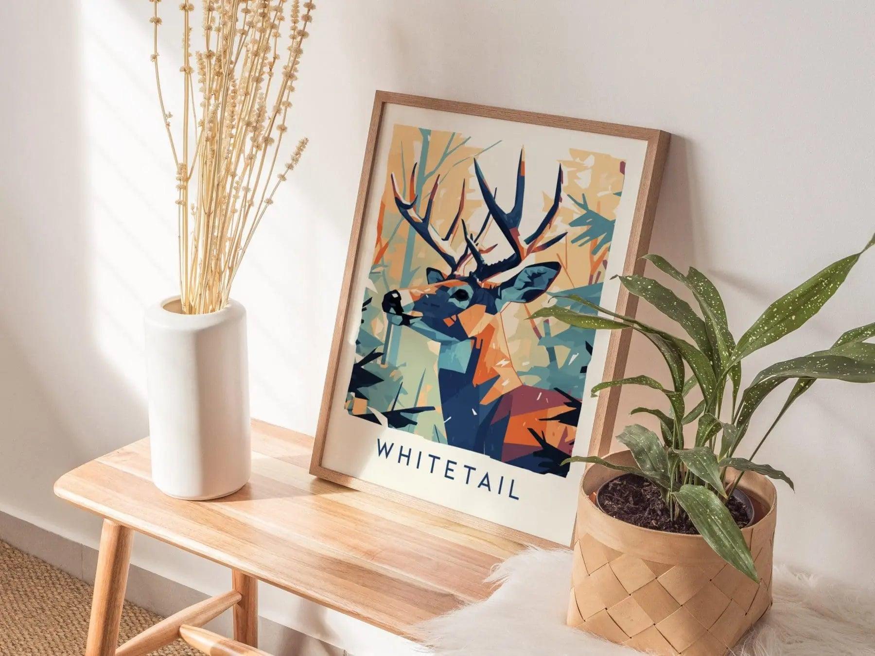 Whitetail deer buck poster featuring majestic antlers in modern minimalist wildlife hunting cabin wall art