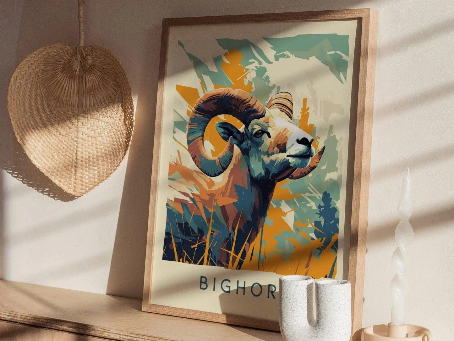 Bighorn, Wildlife Series, Ram Sheep Framed Wall Art - North American Big Game Nature Poster Design Print Montana Hunter Hunt Cabin Decor Set - Swell Scenes