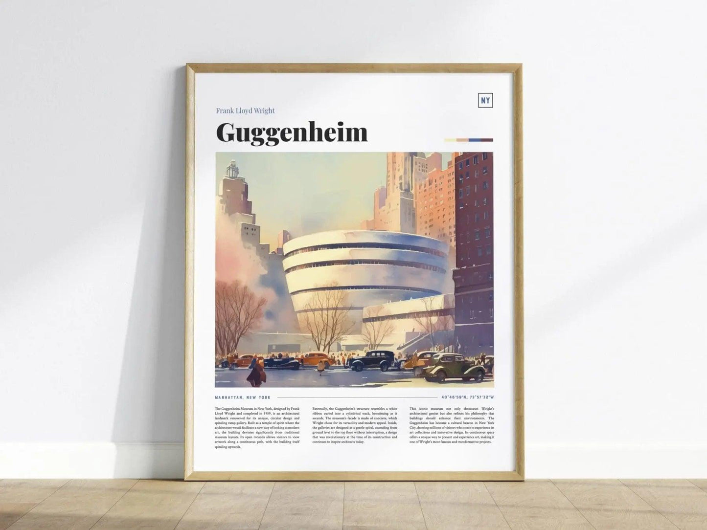 Guggenheim Museum Framed Travel Poster, Architecture Series New York Travel Poster, Mid-Century Travel Poster, Airbnb Home Decor Wall Art - Swell Scenes