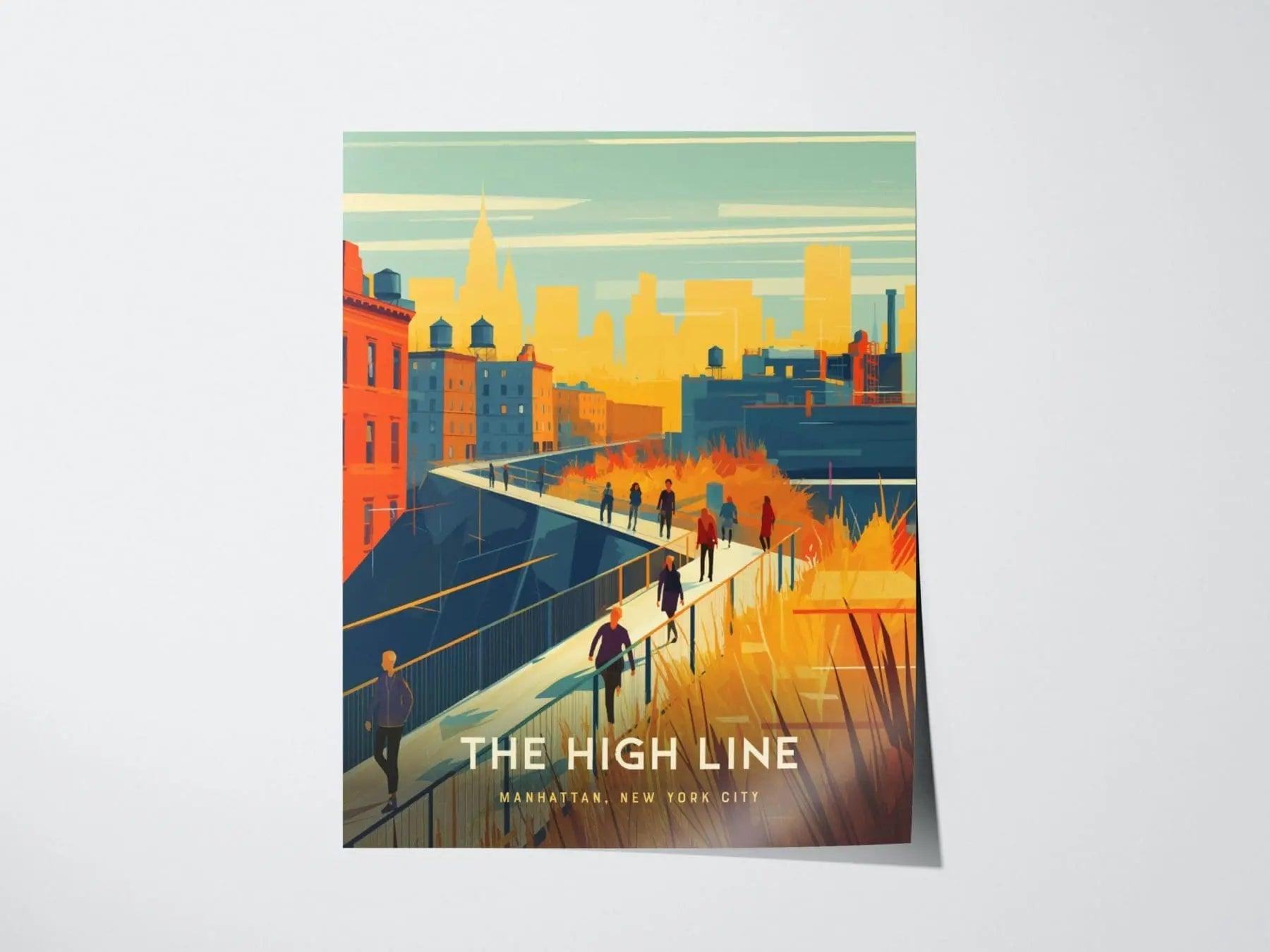 High Line NYC poster featuring Manhattan elevated park with urban greenway and Chelsea neighborhood travel art