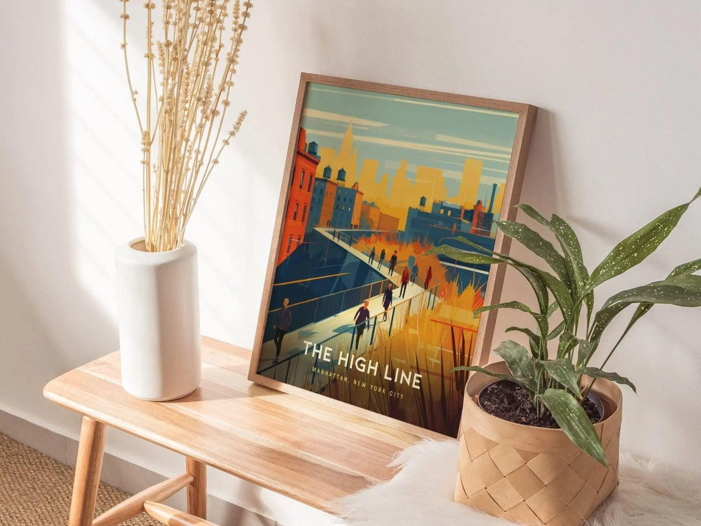 High Line New York poster in wood frame showing iconic elevated park and Manhattan skyline landmark art