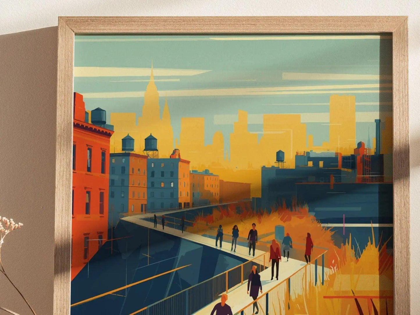 Framed artwork of a cityscape with people walking on a bridge