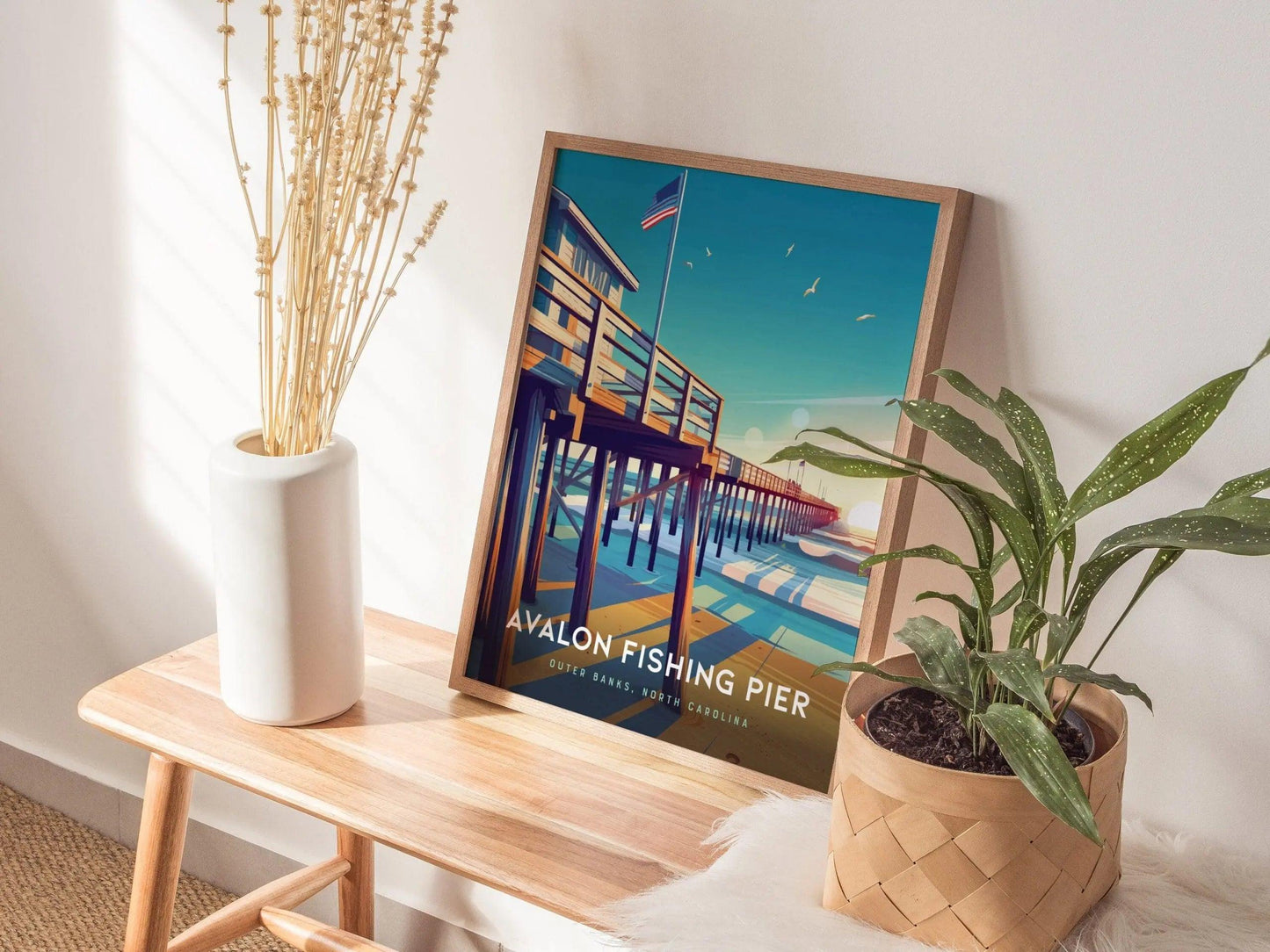 Outer Banks Avalon Fishing Pier Framed Travel Poster, Avalon Fishing Pier Wall Art, OBX North Carolina Kill Devil Hills Poster, Airbnb Decor - Swell Scenes