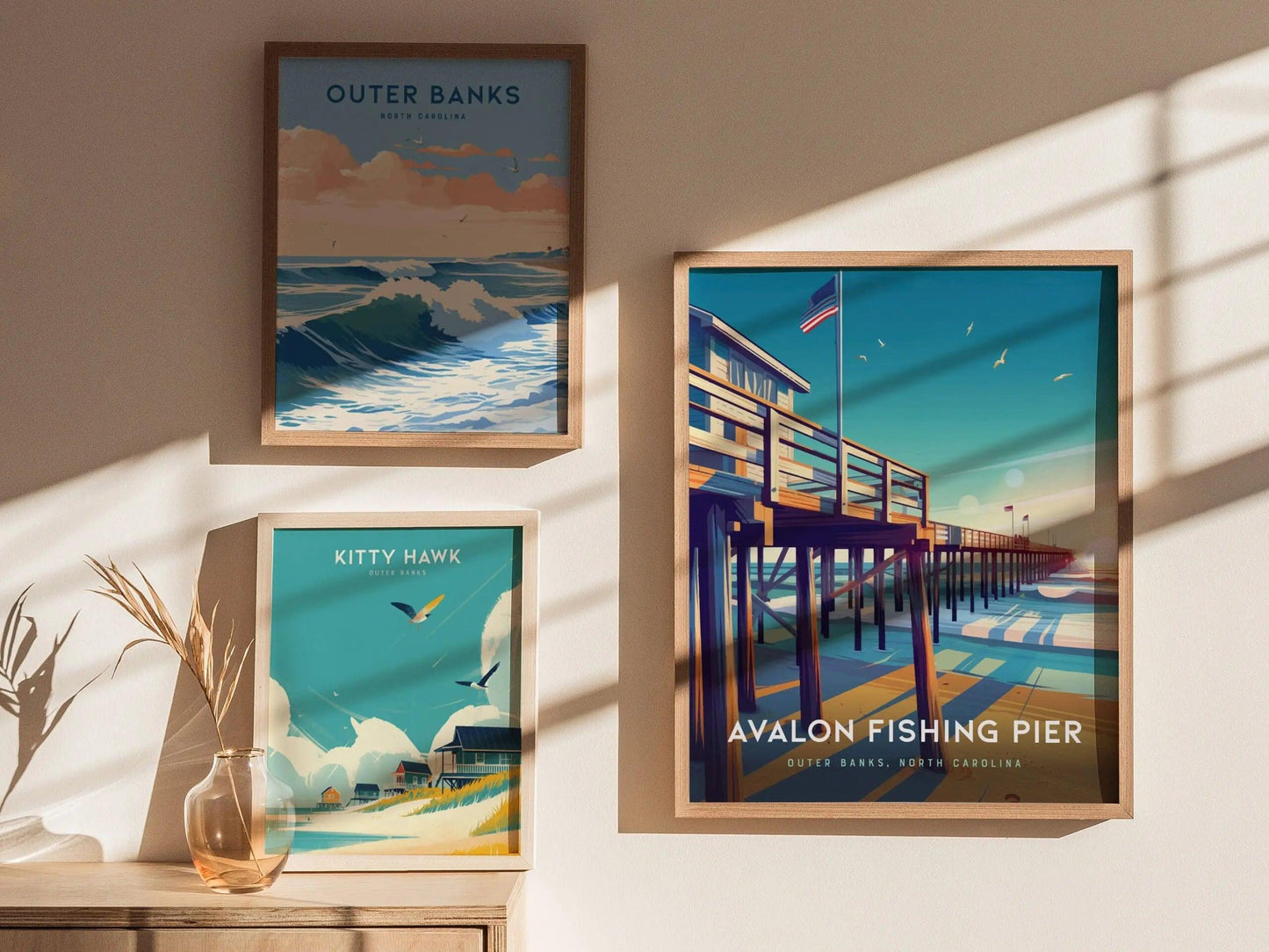 Outer Banks Avalon Fishing Pier Framed Travel Poster, Avalon Fishing Pier Wall Art, OBX North Carolina Kill Devil Hills Poster, Airbnb Decor - Swell Scenes