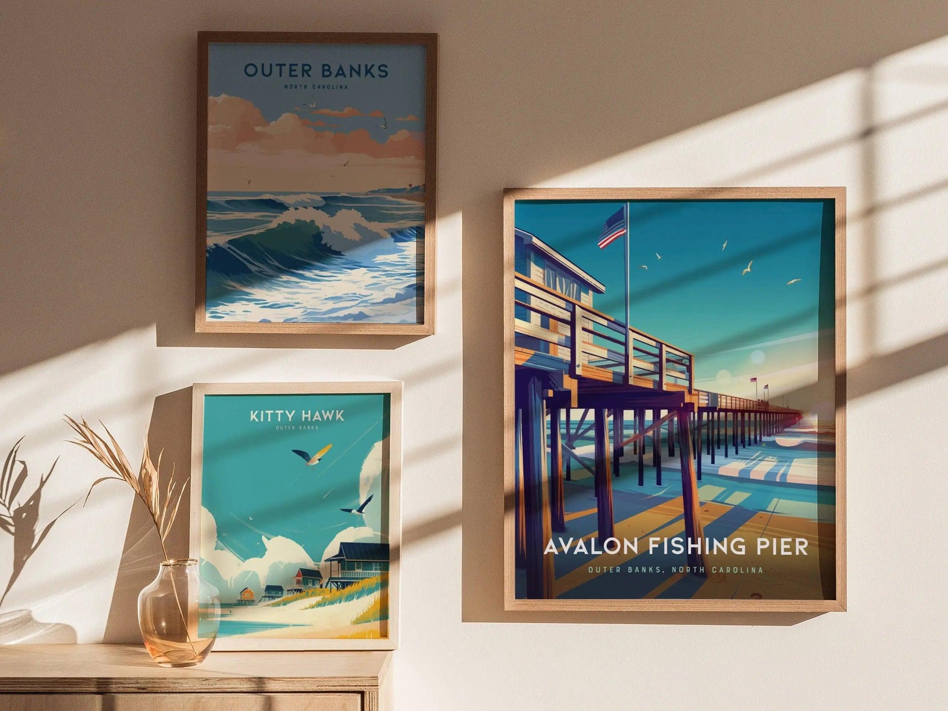 Outer Banks Avalon Fishing Pier Framed Travel Poster, Avalon Fishing Pier Wall Art, OBX North Carolina Kill Devil Hills Poster, Airbnb Decor - Swell Scenes