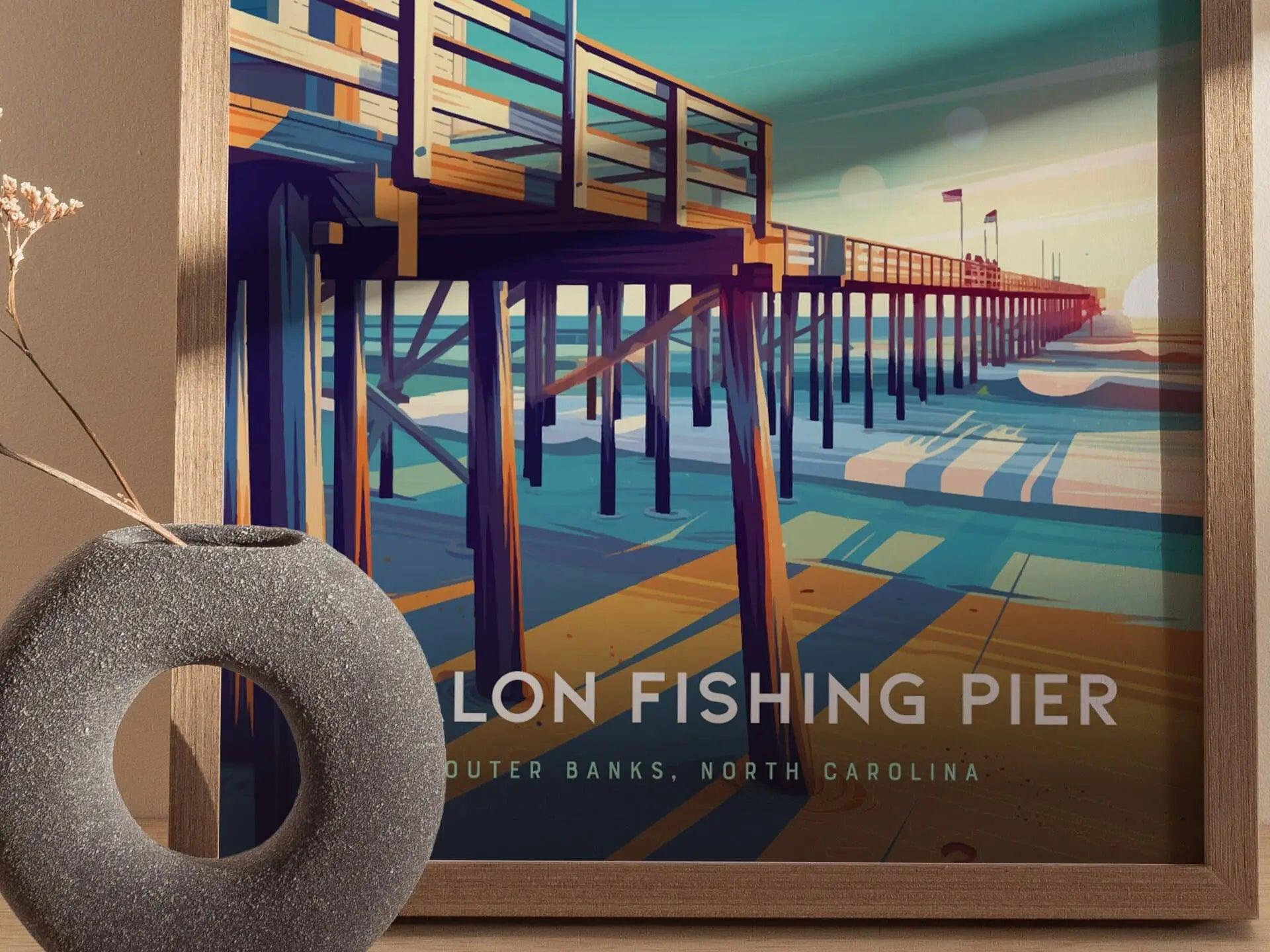 Outer Banks Avalon Fishing Pier Framed Travel Poster, Avalon Fishing Pier Wall Art, OBX North Carolina Kill Devil Hills Poster, Airbnb Decor - Swell Scenes