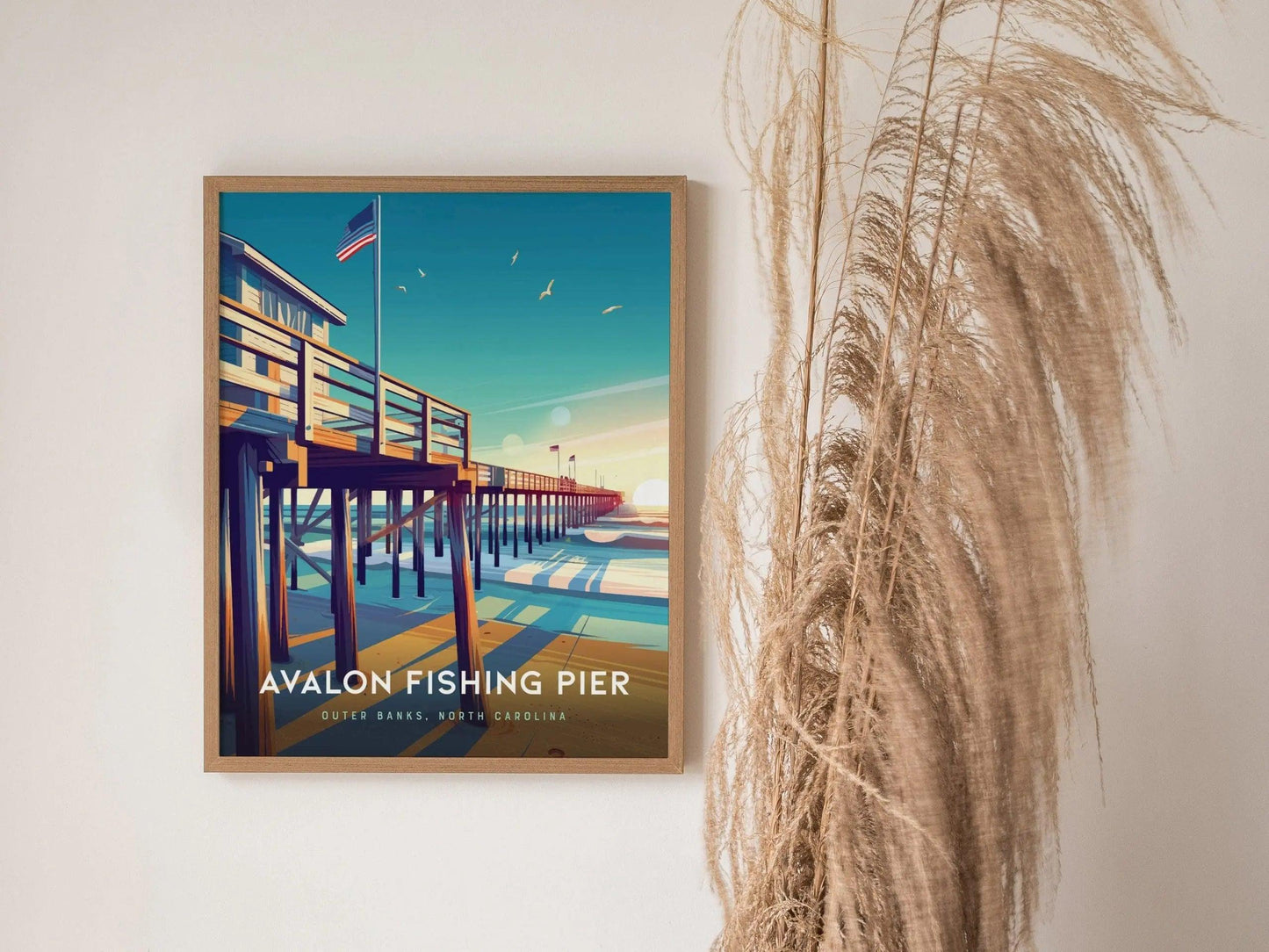 Outer Banks Avalon Fishing Pier Framed Travel Poster, Avalon Fishing Pier Wall Art, OBX North Carolina Kill Devil Hills Poster, Airbnb Decor - Swell Scenes