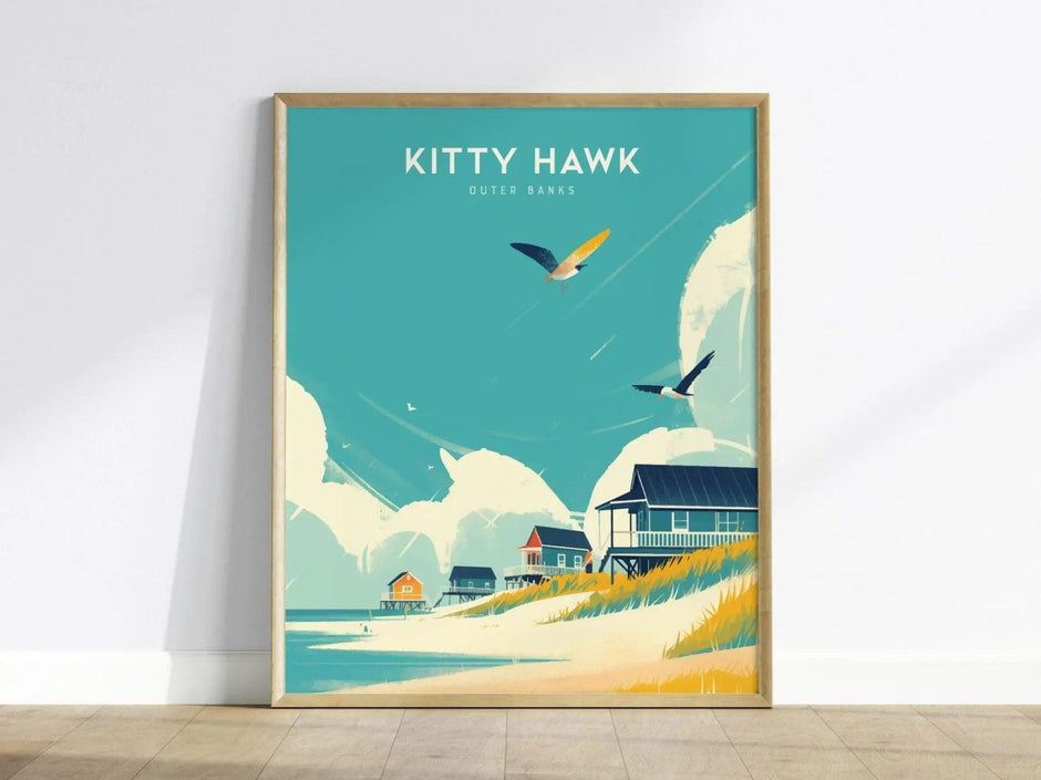 Kitty Hawk Outer Banks Framed Travel Poster, Kitty Hawk Beach Wall Art, OBX North Carolina Kitty Hawk Poster, Atlantic Coastal Home Decor - Swell Scenes
