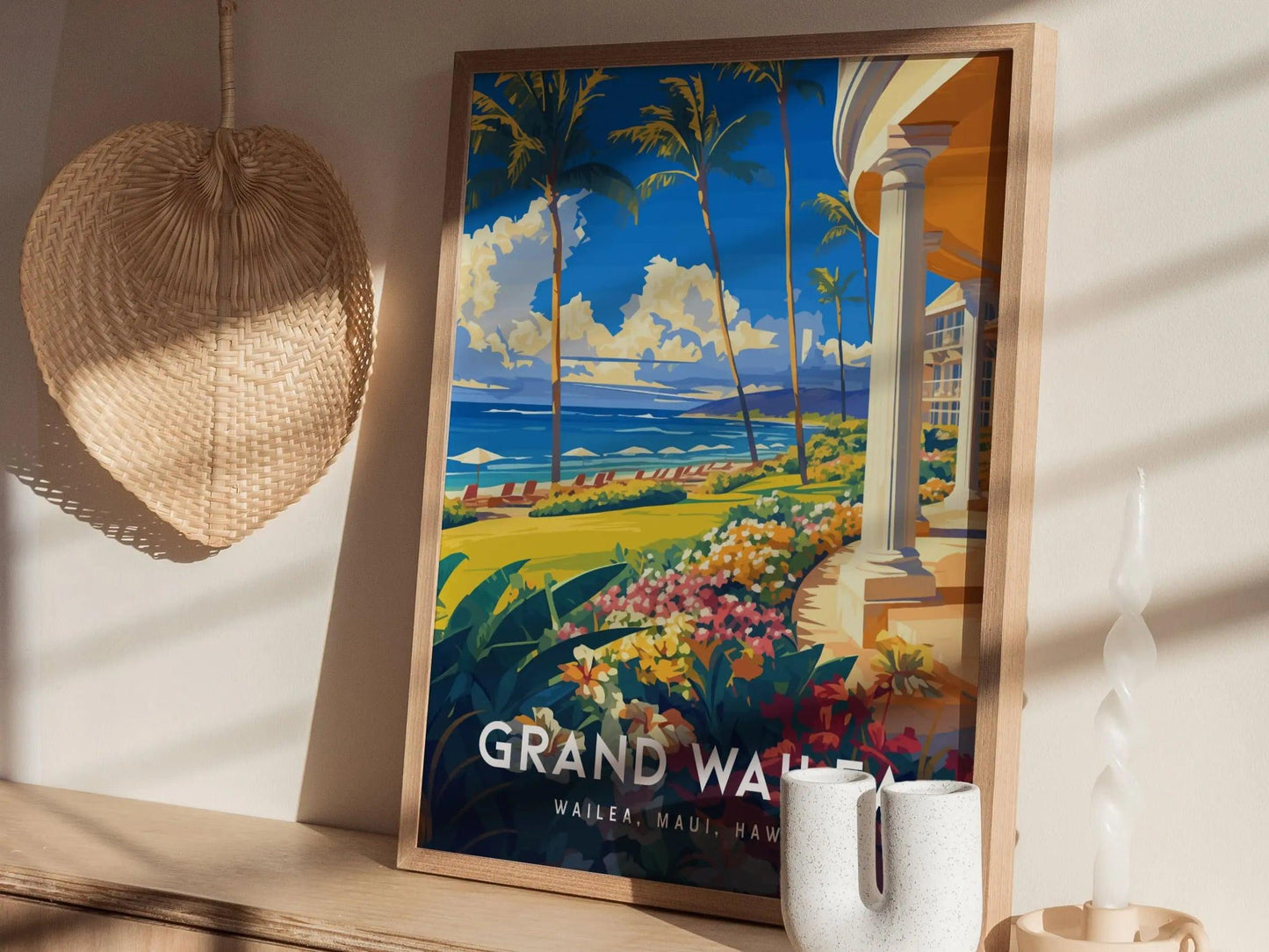 Grand Wailea Hotel, Maui, Hawaii | Beach Island Framed Art Poster Travel Artwork Hawaiian Tropical Vacation Wedding Honeymoon Gift Decor Set - Swell Scenes