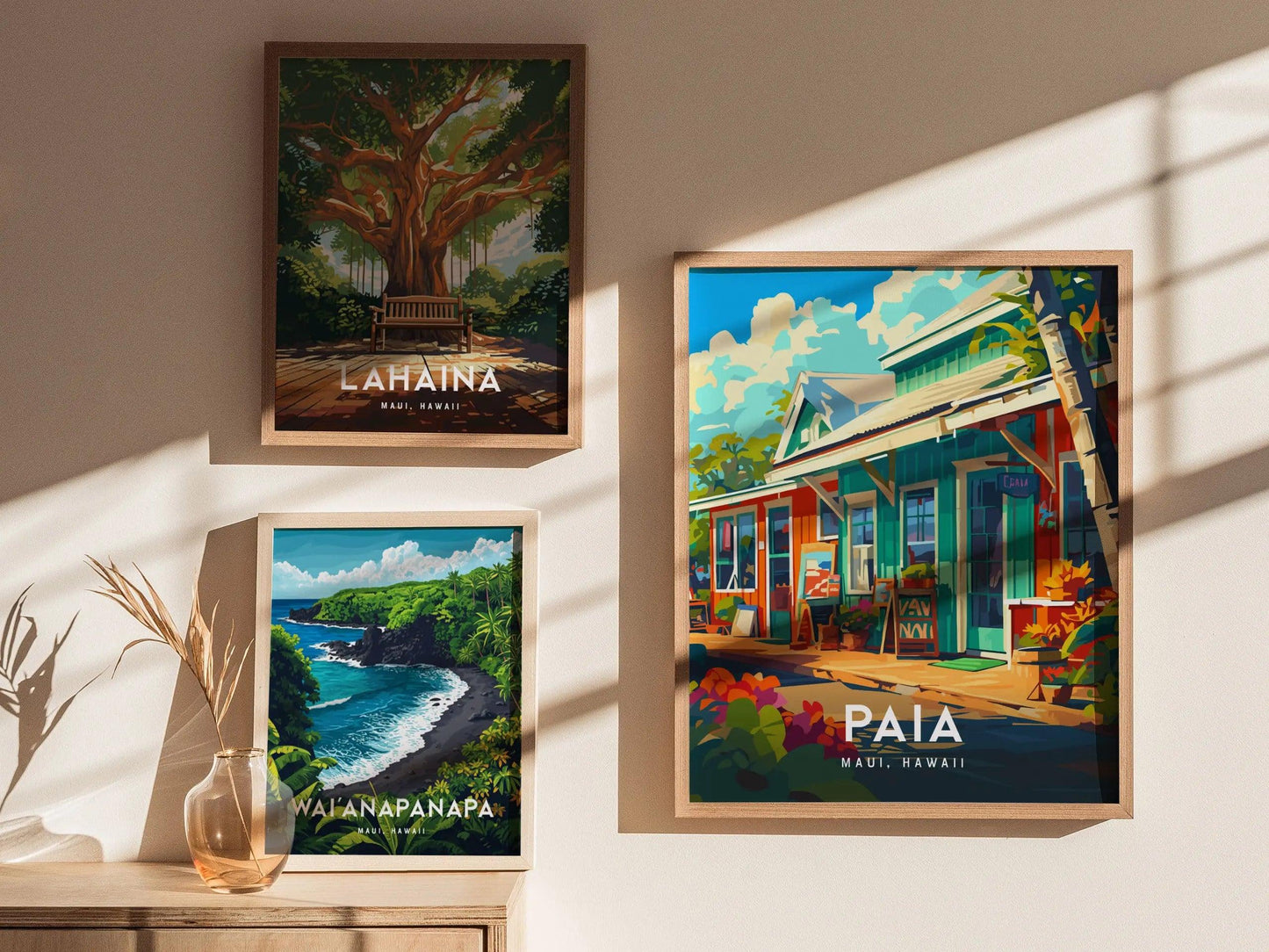 Paia, Maui, Hawaii | Road To Hana Country Big Wave Surf Town Island Framed Art Poster Travel Artwork Hawaiian Lush Tropical Gift Decor Set - Swell Scenes
