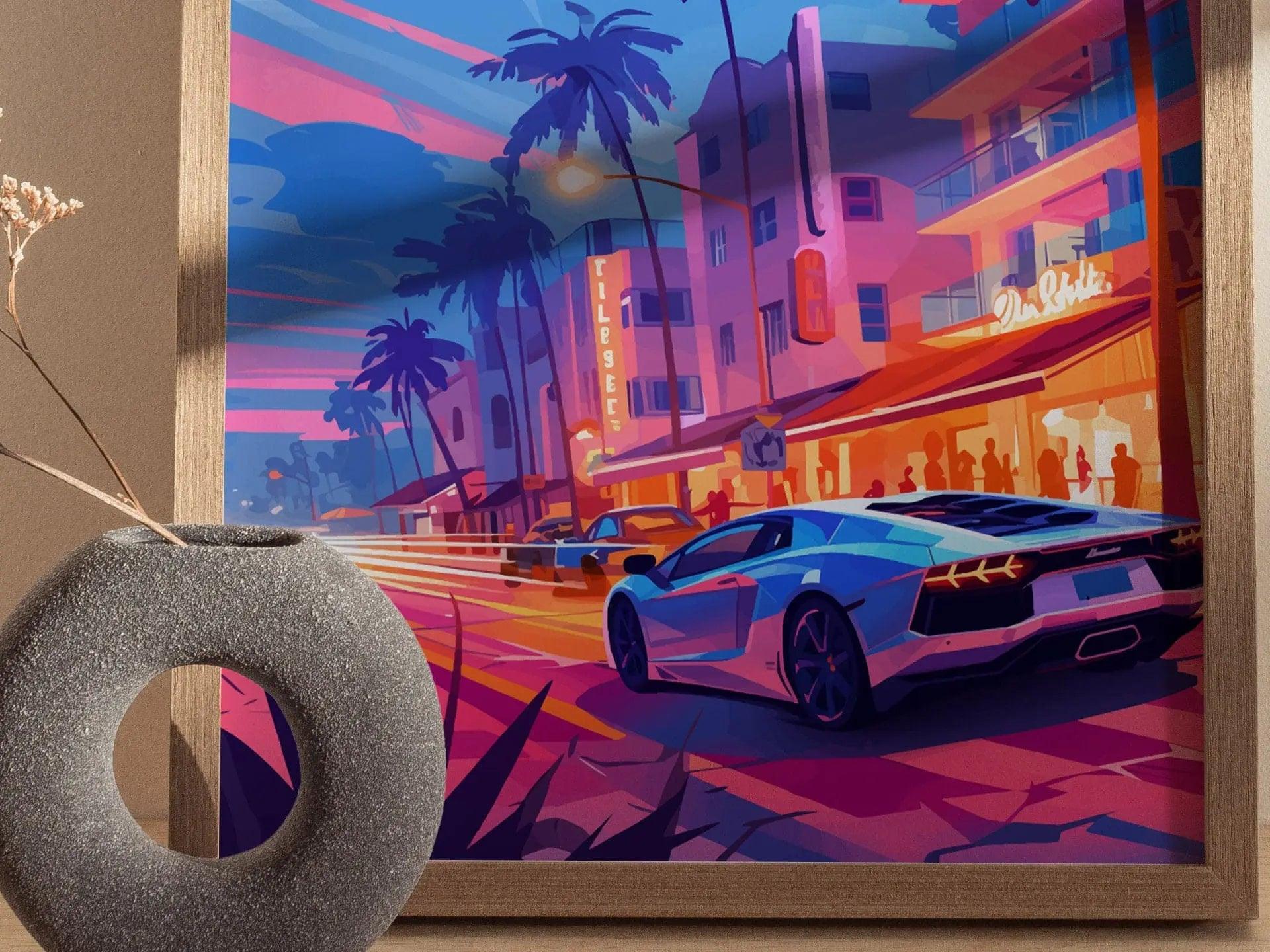 Ocean Drive, South Beach, Miami, Florida Framed Wall Art - Night Life Lamborghini FL Minimal 80s Style Poster Design Travel Print Home Decor - Swell Scenes