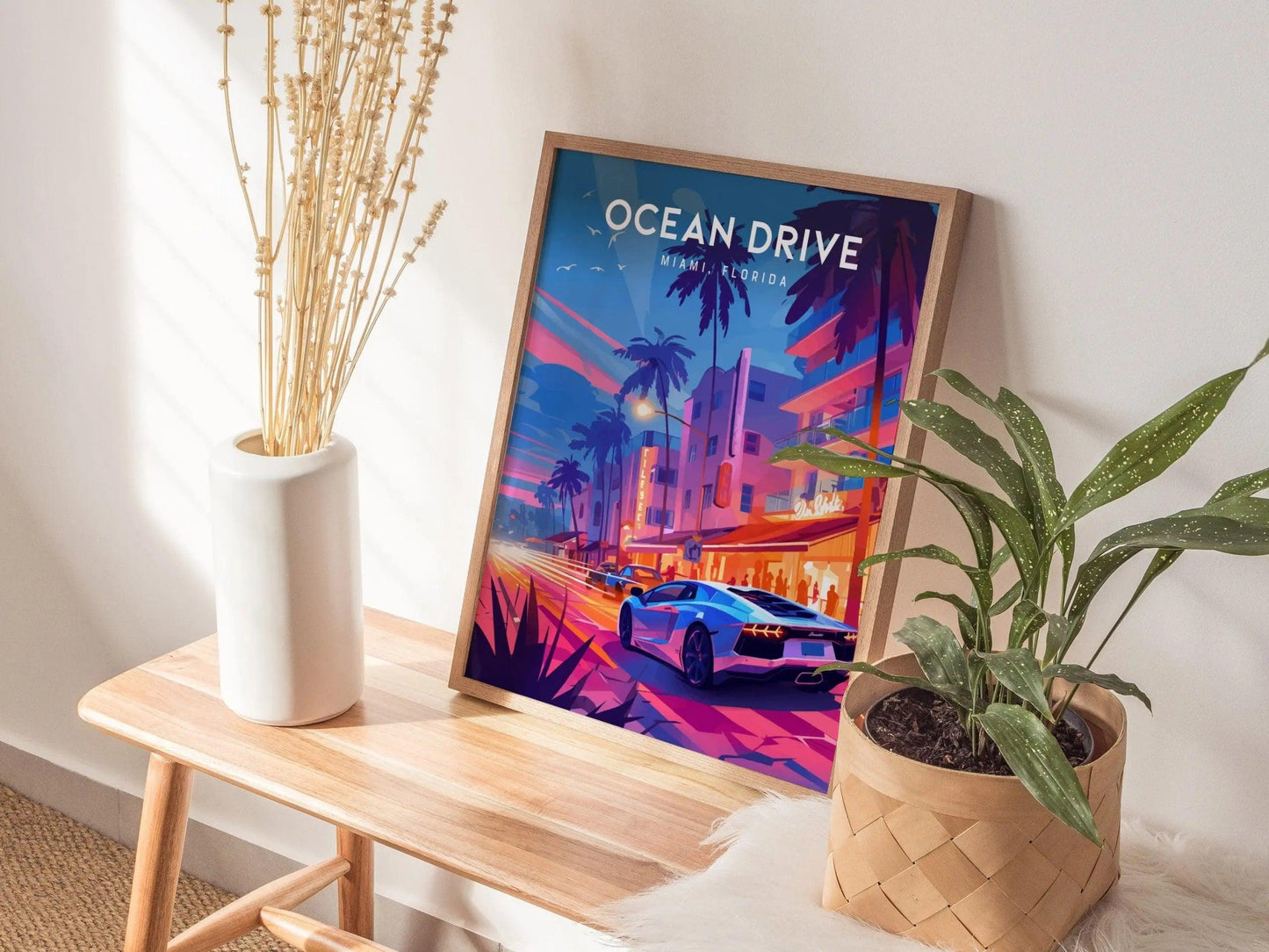 Ocean Drive, South Beach, Miami, Florida Framed Wall Art - Night Life Lamborghini FL Minimal 80s Style Poster Design Travel Print Home Decor - Swell Scenes