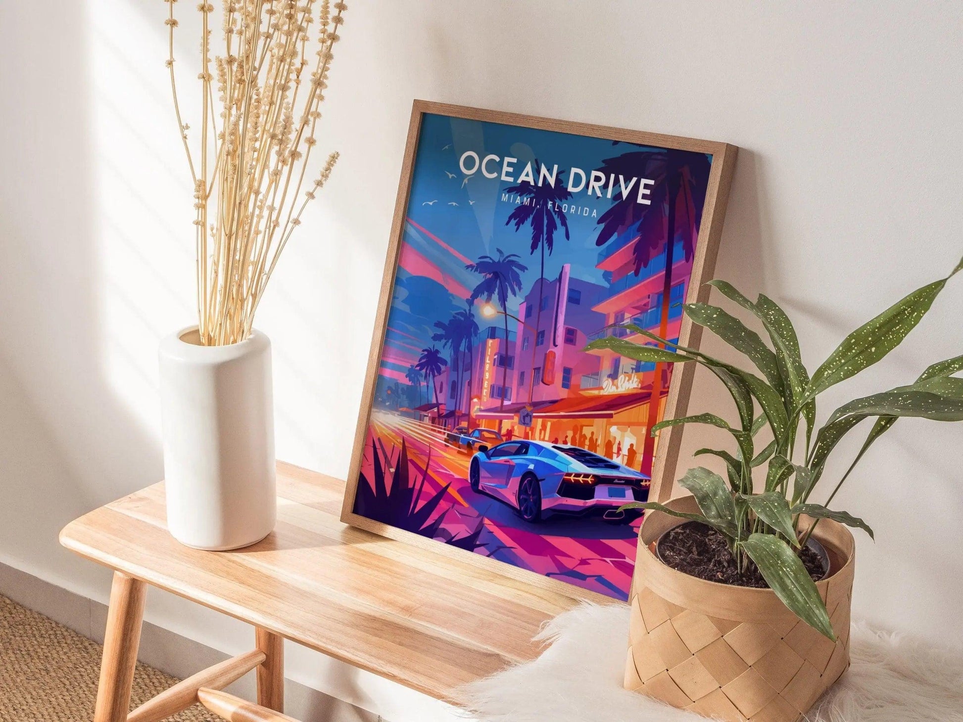 Ocean Drive, South Beach, Miami, Florida Framed Wall Art - Night Life Lamborghini FL Minimal 80s Style Poster Design Travel Print Home Decor - Swell Scenes