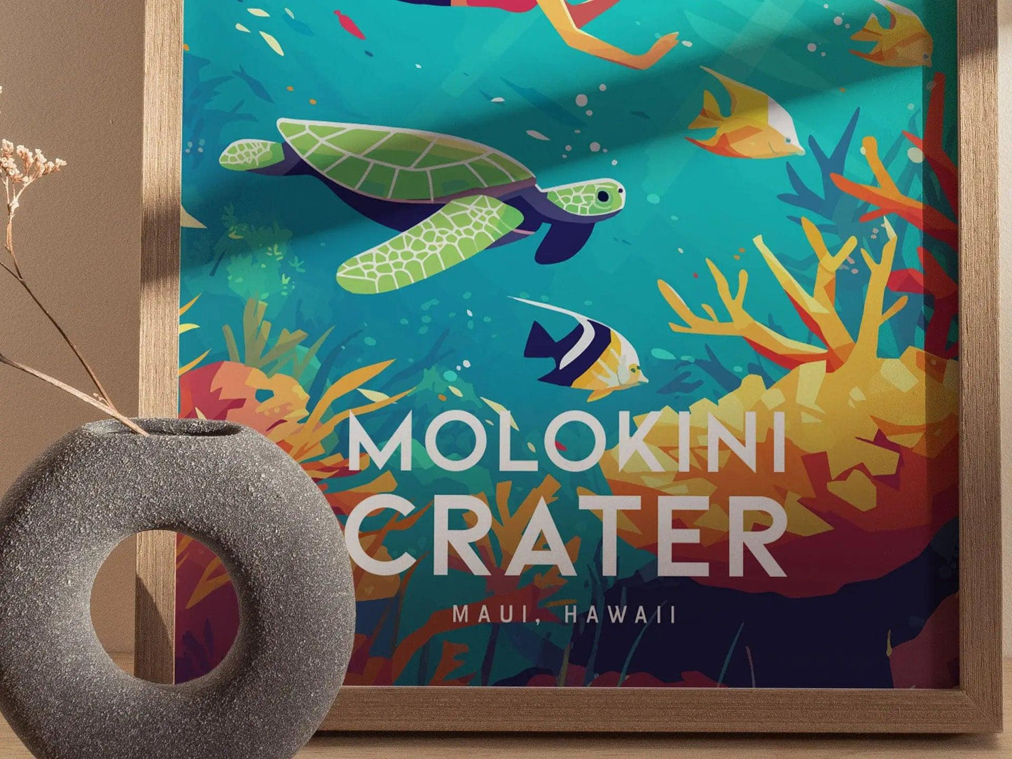 Molokini Crater, Maui, Hawaii | Snorkel Dive Sea Turtle Island Framed Wall Art Poster Travel Artwork Hawaiian Tropical Decor Honeymoon Gift - Swell Scenes