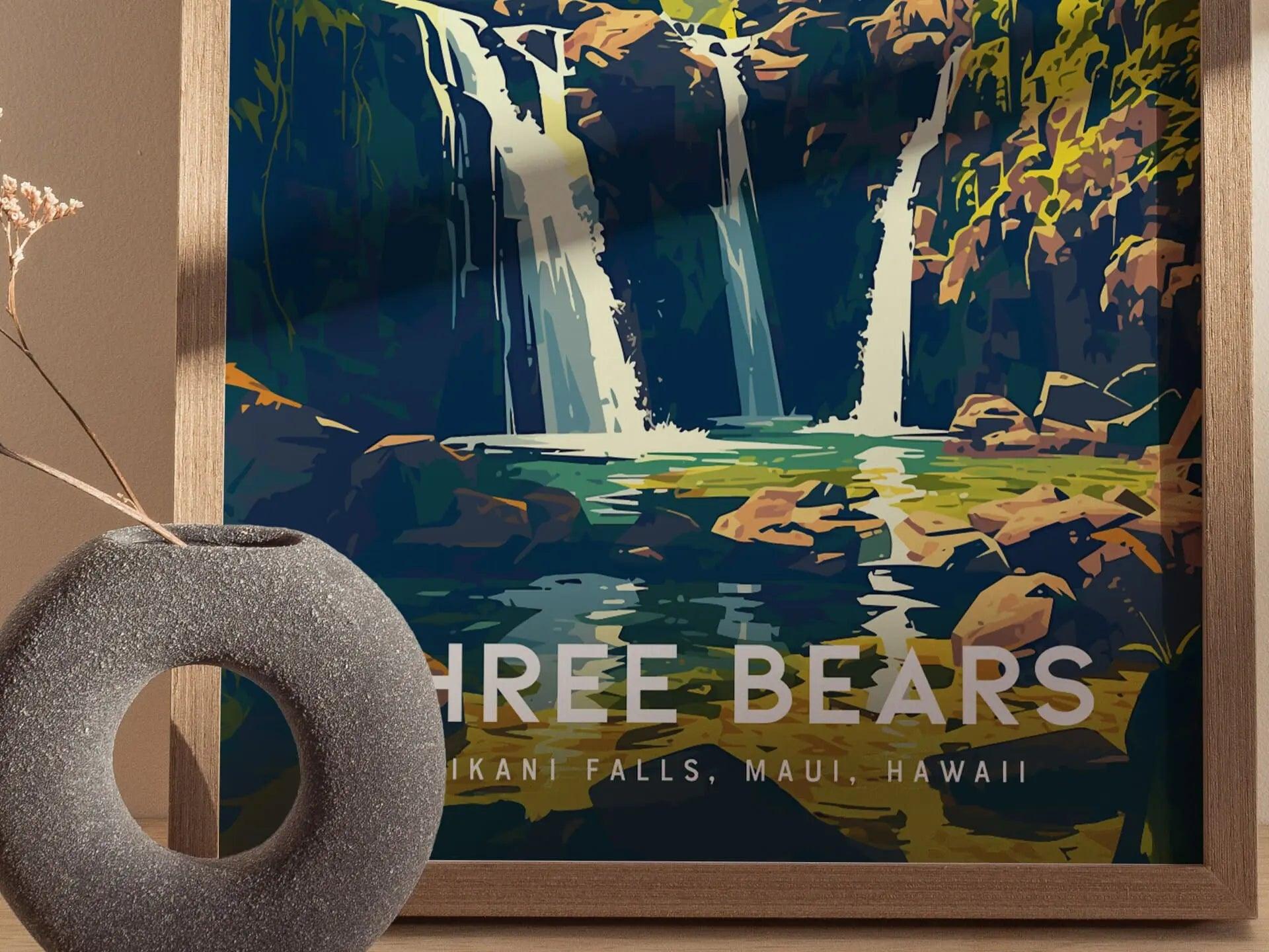 Three Bears Falls, Upper Waikani Waterfall, Maui, Hawaii | Island Framed Wall Art Poster Travel Artwork Hawaiian Tropical Hana Decor Gift - Swell Scenes