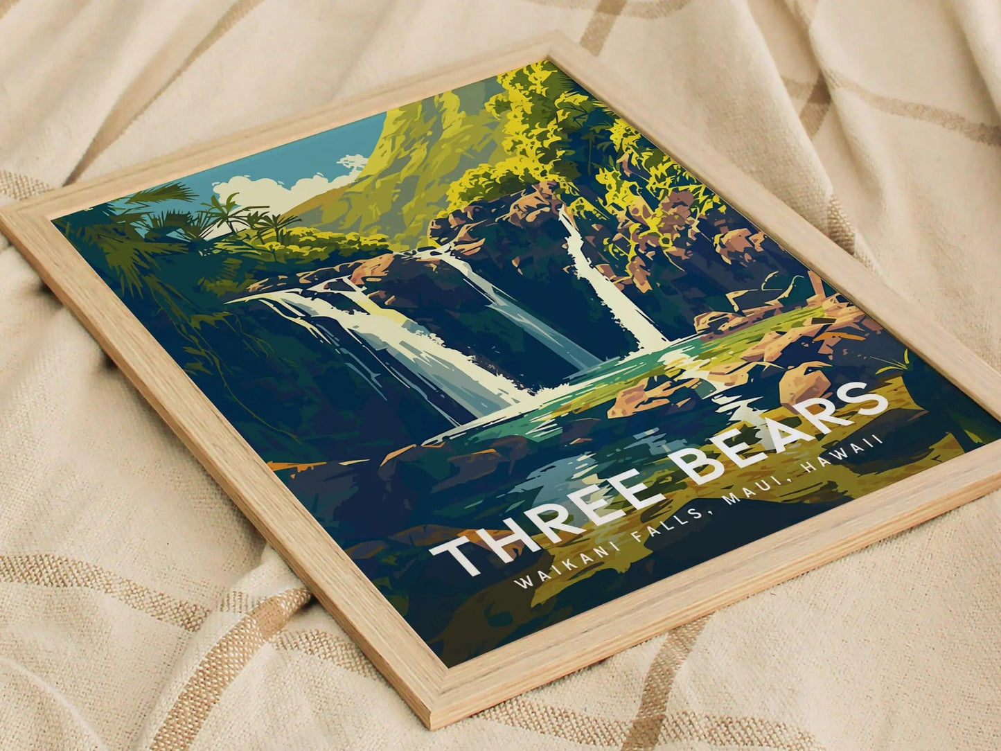 Three Bears Falls, Upper Waikani Waterfall, Maui, Hawaii | Island Framed Wall Art Poster Travel Artwork Hawaiian Tropical Hana Decor Gift - Swell Scenes