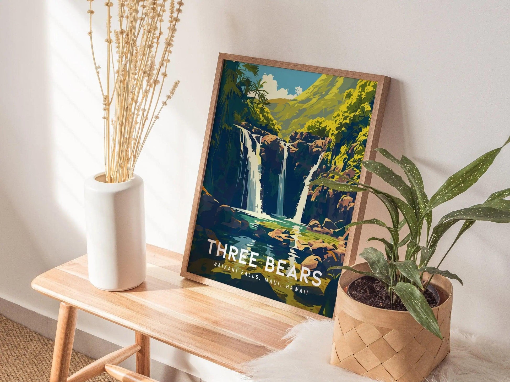 Three Bears Falls, Upper Waikani Waterfall, Maui, Hawaii | Island Framed Wall Art Poster Travel Artwork Hawaiian Tropical Hana Decor Gift - Swell Scenes