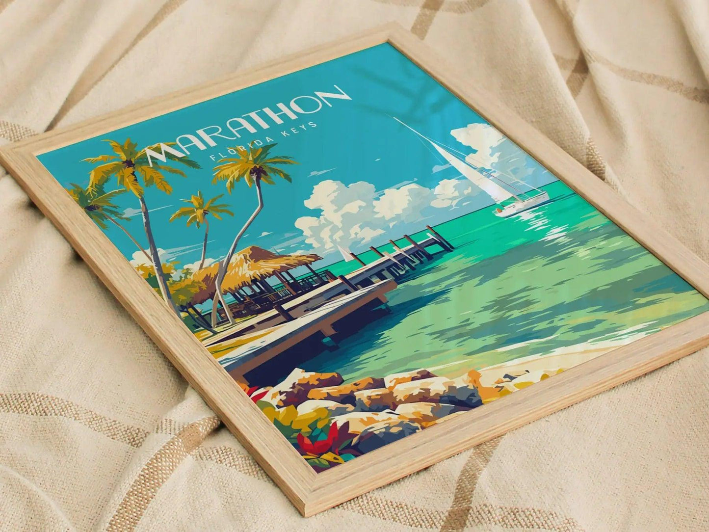 Marathon, Florida Keys Framed Wall Art - Sailboat Fishing Tropical Vacation Poster Travel Island Print Collection Home Beach Cottage Decor - Swell Scenes
