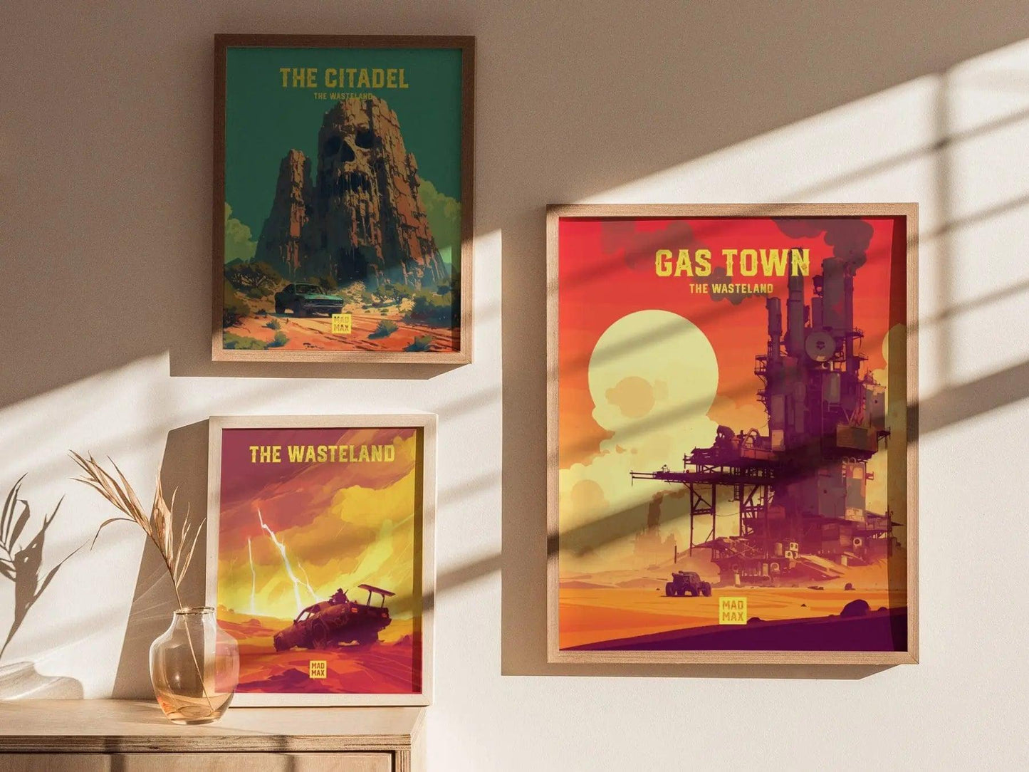 Gas Town, The Wasteland, Mad Max Framed Wall Art - Fury Road Thunderdome Furiosa Post Apocalyptic Poster Travel Print Man Cave Decor Set - Swell Scenes