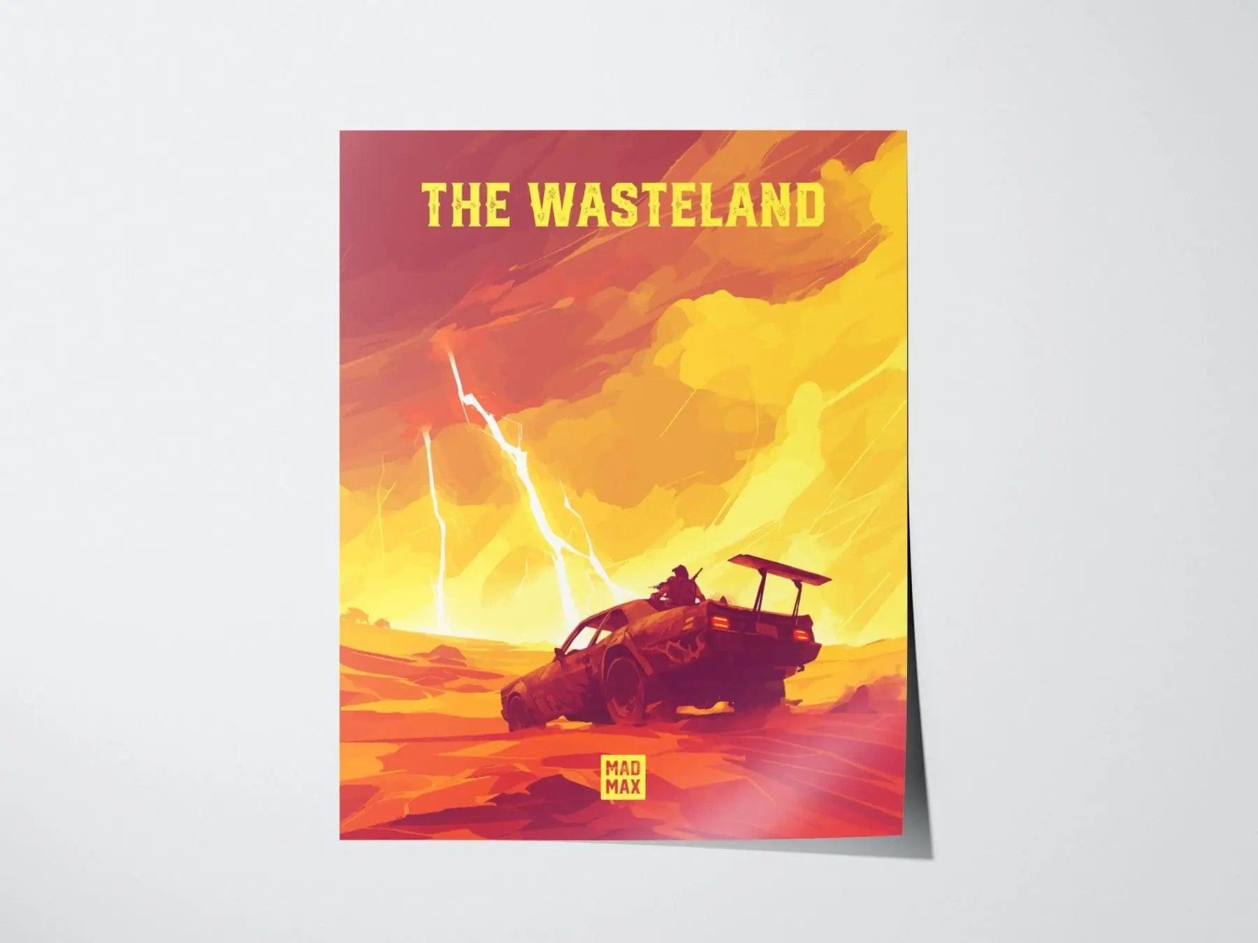 Mad Max Wasteland poster featuring Fury Road desert landscape with road warrior and dust storm post-apocalyptic wall art