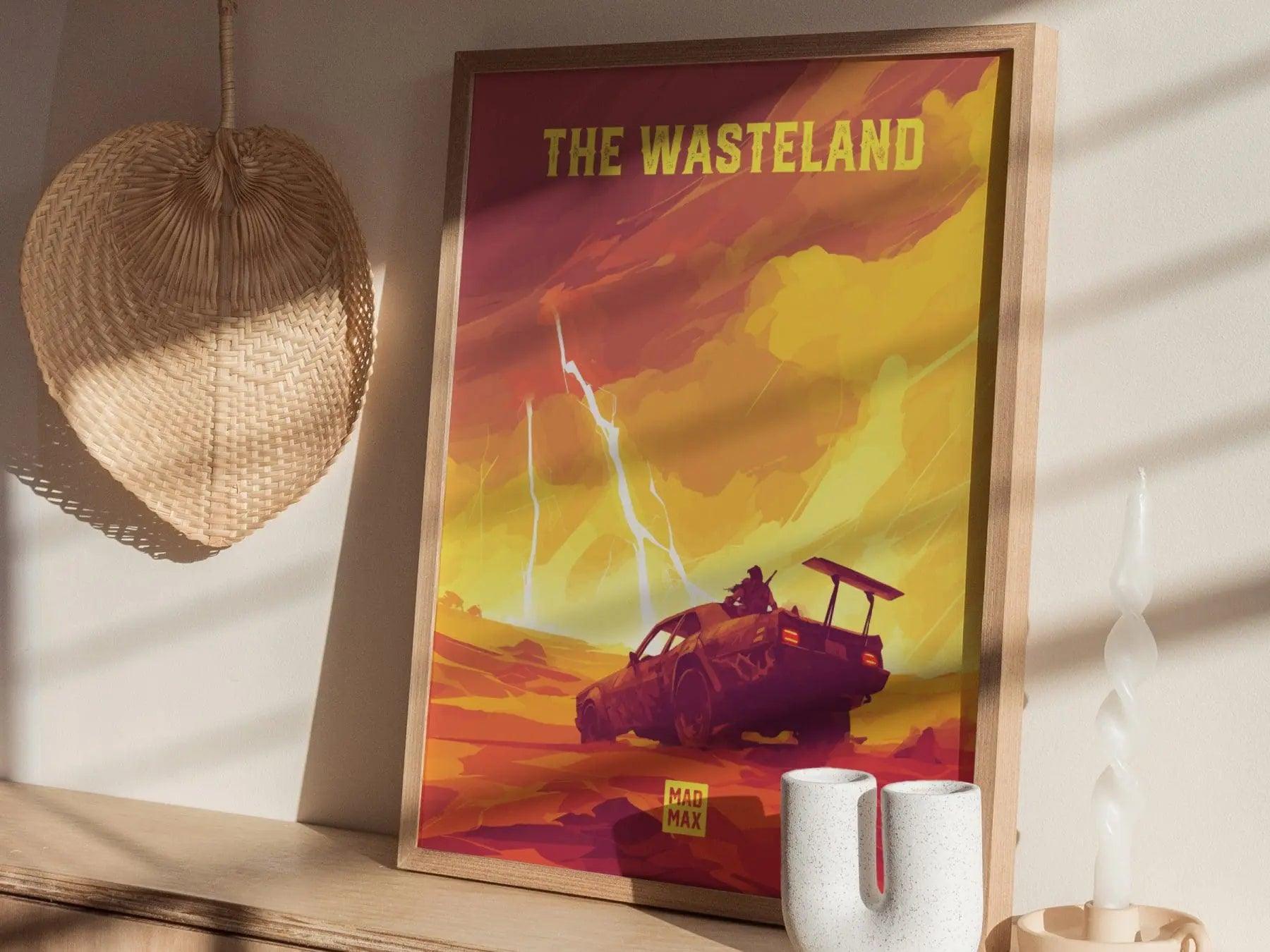 Natural wood framed Mad Max poster showing contemporary Fury Road wasteland and post-apocalyptic vehicle artwork