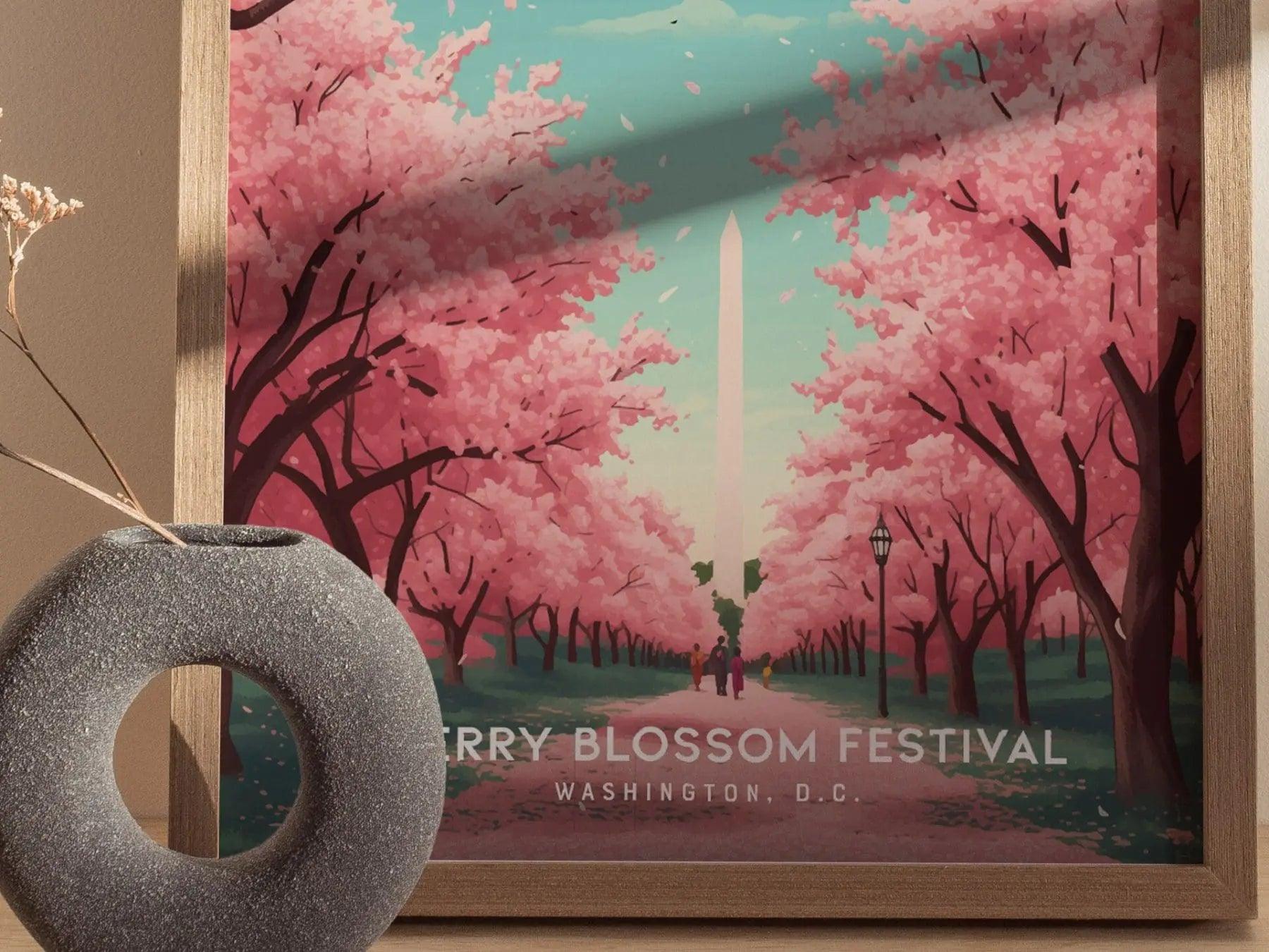 National Cherry Blossom Festival, Washington DC Framed Travel Poster, Cherry Blossom Fest Trendy Wall Art, Washington Monument Wall Decor - Swell Scenes