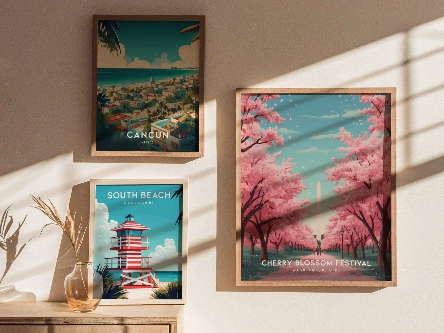 National Cherry Blossom Festival, Washington DC Framed Travel Poster, Cherry Blossom Fest Trendy Wall Art, Washington Monument Wall Decor - Swell Scenes