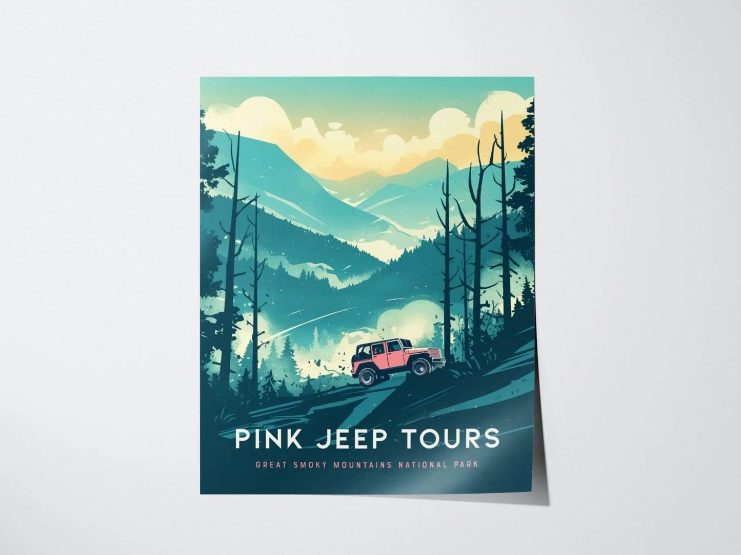 Pink Jeep Tours at Great Smoky Mountains National Park Framed Travel Print, Great Smoky Mountain National Park Travel Poster, Pink Jeep Art - Swell Scenes