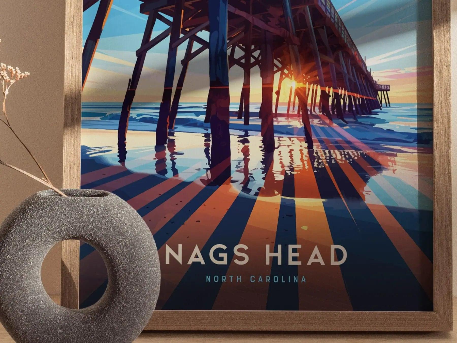 Nags Head Outer Banks Surfer Pier Framed Wall Art, North Carolina Beach Poster Design, OBX Surfing Unframed Print, Nags Head Home Decor Art - Swell Scenes