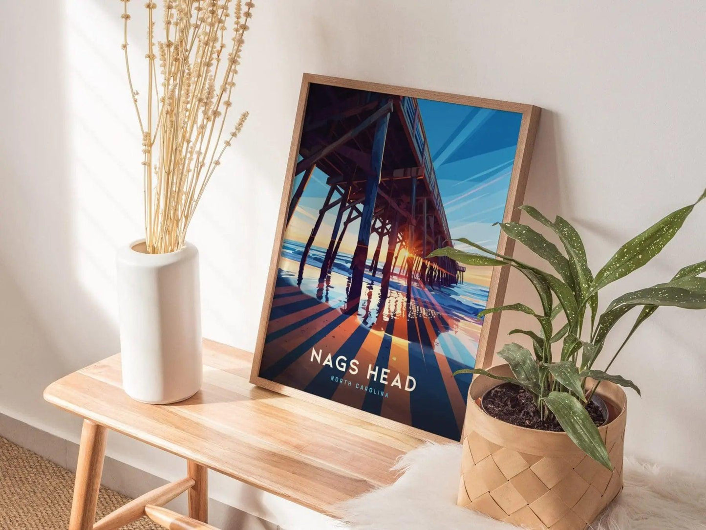 Nags Head Outer Banks Surfer Pier Framed Wall Art, North Carolina Beach Poster Design, OBX Surfing Unframed Print, Nags Head Home Decor Art - Swell Scenes