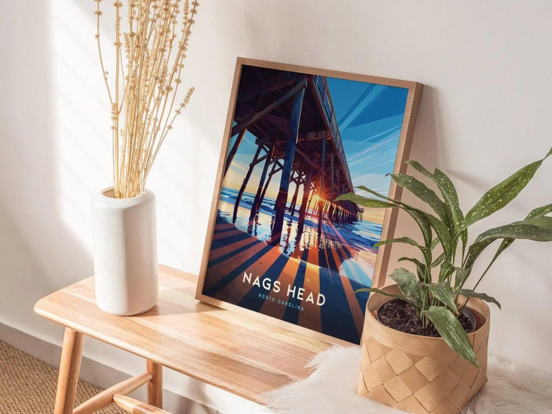 Nags Head Outer Banks Surfer Pier Framed Wall Art, North Carolina Beach Poster Design, OBX Surfing Unframed Print, Nags Head Home Decor Art - Swell Scenes