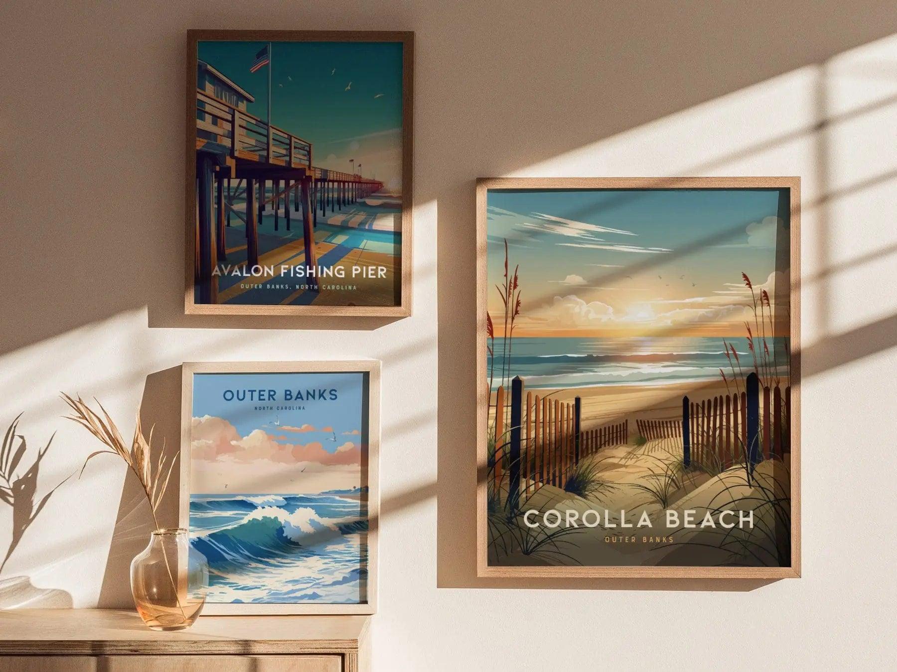 Corolla Beach Outer Banks Framed Wall Art, North Carolina Corolla Beach Poster, OBX Surfing Unframed Print, Corolla Beach Airbnb Decor Art - Swell Scenes