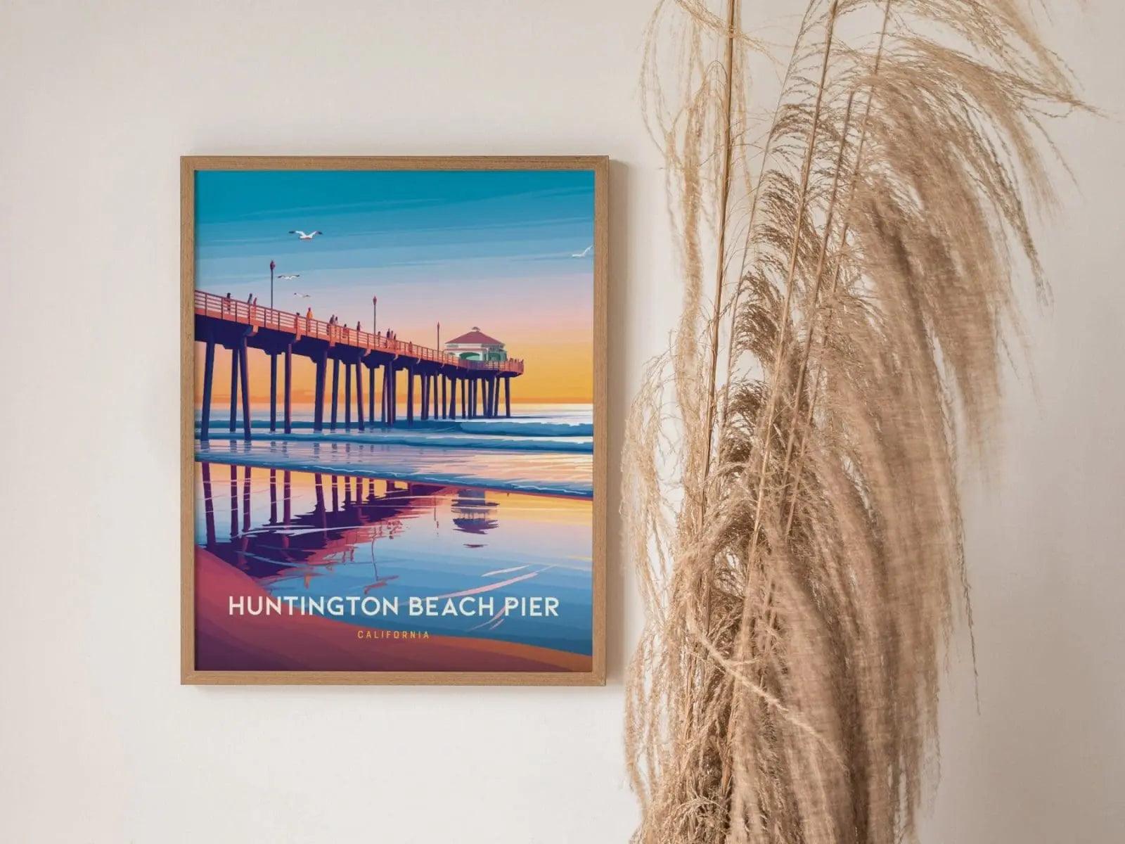 Huntington Beach California Framed Travel Poster, Huntington Beach Poster, California Pier Postcard Custom Travel Print, Birthday Gifts Art - Swell Scenes
