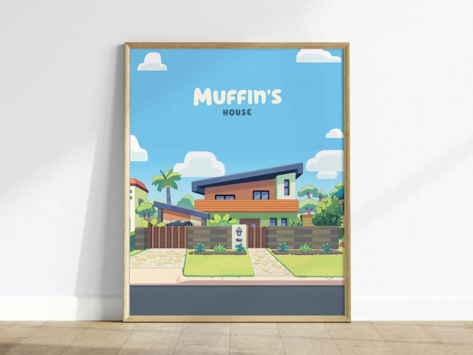 Bluey Muffin's House Framed Poster, Muffin's House Decor for Kids Room, Bluey Nursery Print, Bluey Wall Decor, Muffin's House Gift Wall Art - Swell Scenes