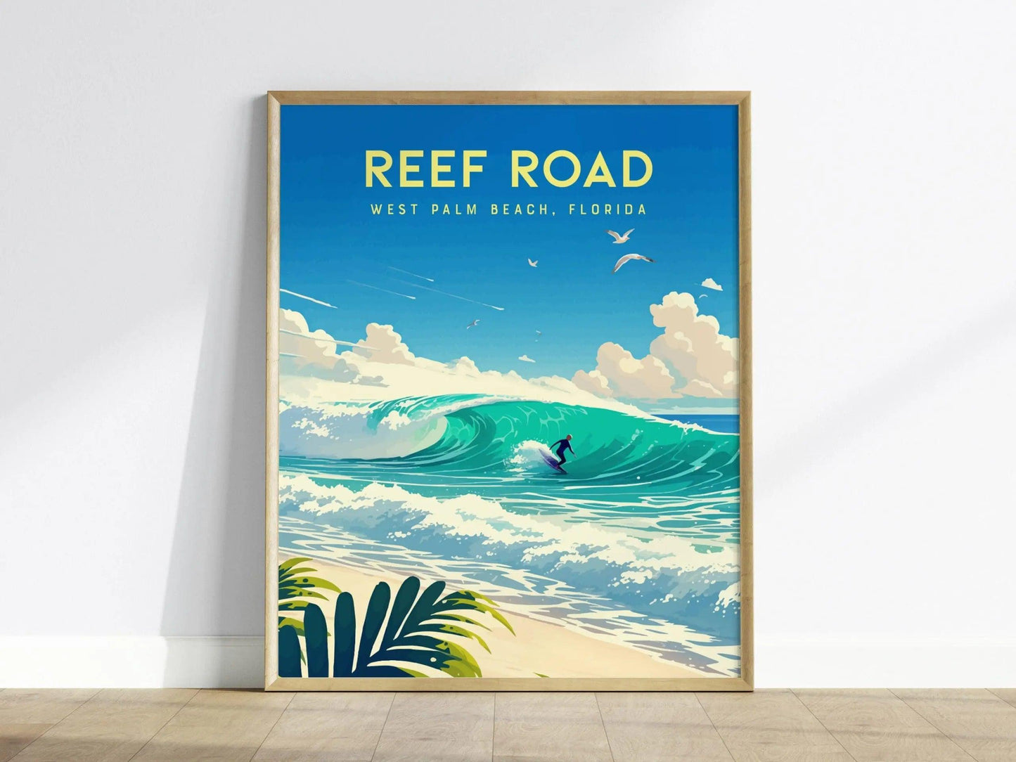Reef Road, West Palm Beach, Florida Framed Wall Art - Surfing Wave Beach House Barrel Surf Poster Travel Print Surfer Gift Home Decor Set - Swell Scenes