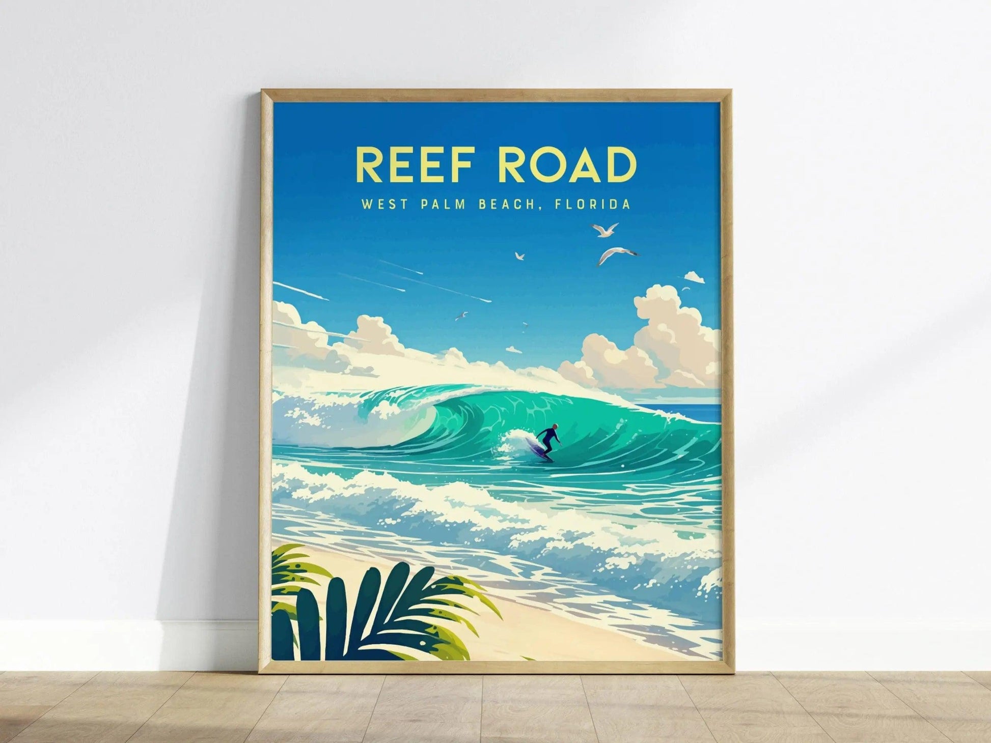Reef Road, West Palm Beach, Florida Framed Wall Art - Surfing Wave Beach House Barrel Surf Poster Travel Print Surfer Gift Home Decor Set - Swell Scenes
