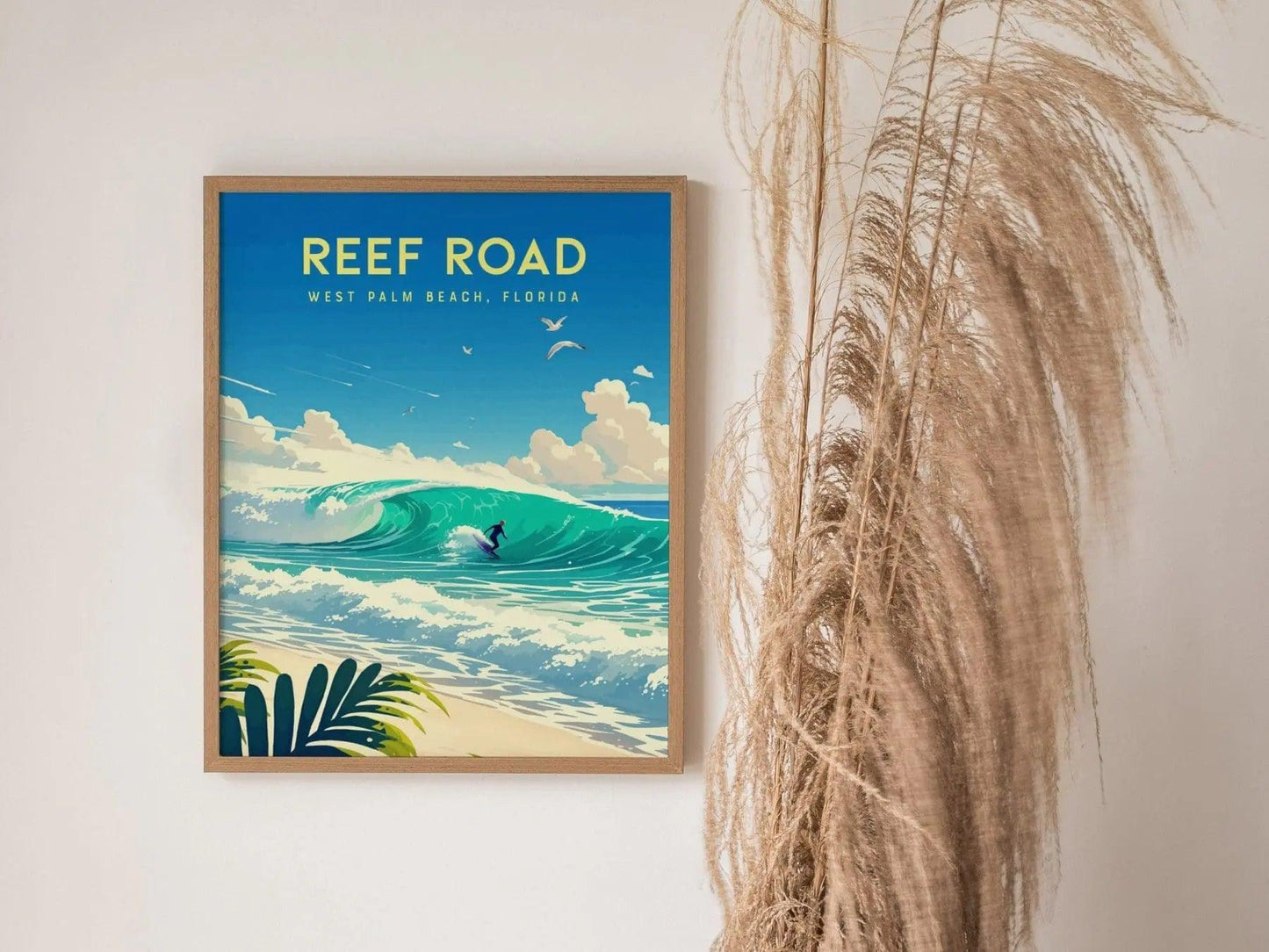 Reef Road, West Palm Beach, Florida Framed Wall Art - Surfing Wave Beach House Barrel Surf Poster Travel Print Surfer Gift Home Decor Set - Swell Scenes